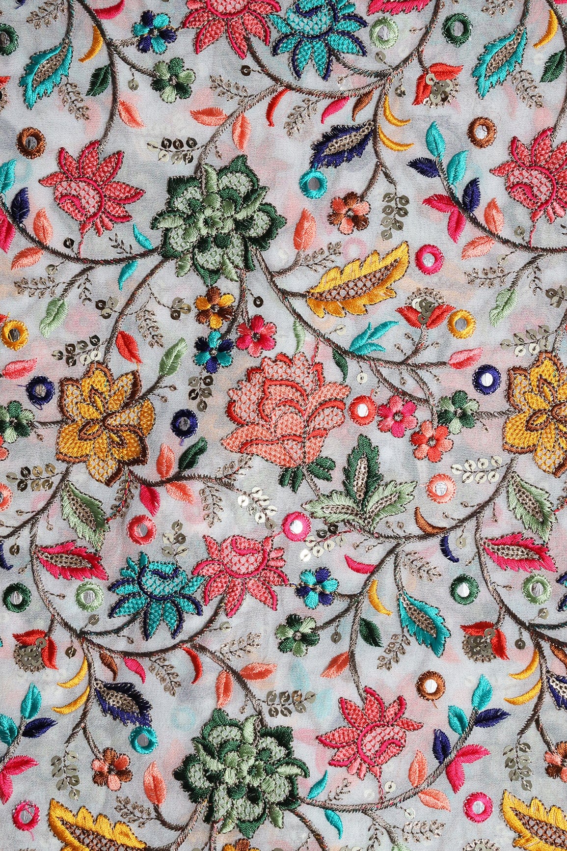 doeraa Embroidery Fabrics Multi Color Thread With Gold Sequins Exclusive Heavy Floral Embroidery On White Viscose Georgette Fabric