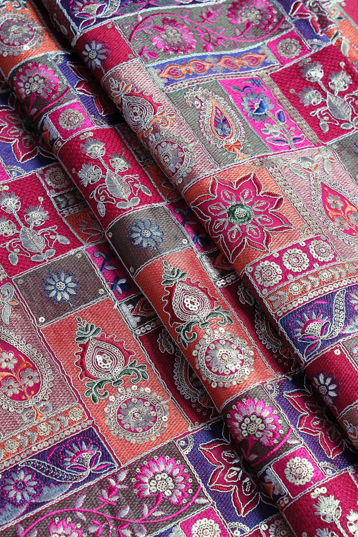 doeraa Embroidery Fabrics Multi Color Thread With Gold Sequins Traditional Embroidery On Fuchsia Viscose Georgette Fabric