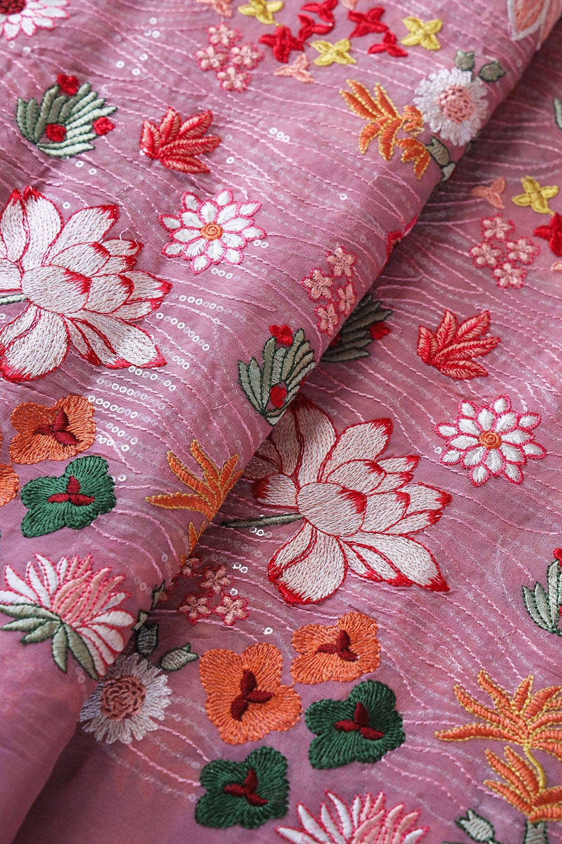 doeraa Embroidery Fabrics Multi Color Thread With Water Sequins Floral Designer Embroidery On Thulian Pink Viscose Georgette Fabric
