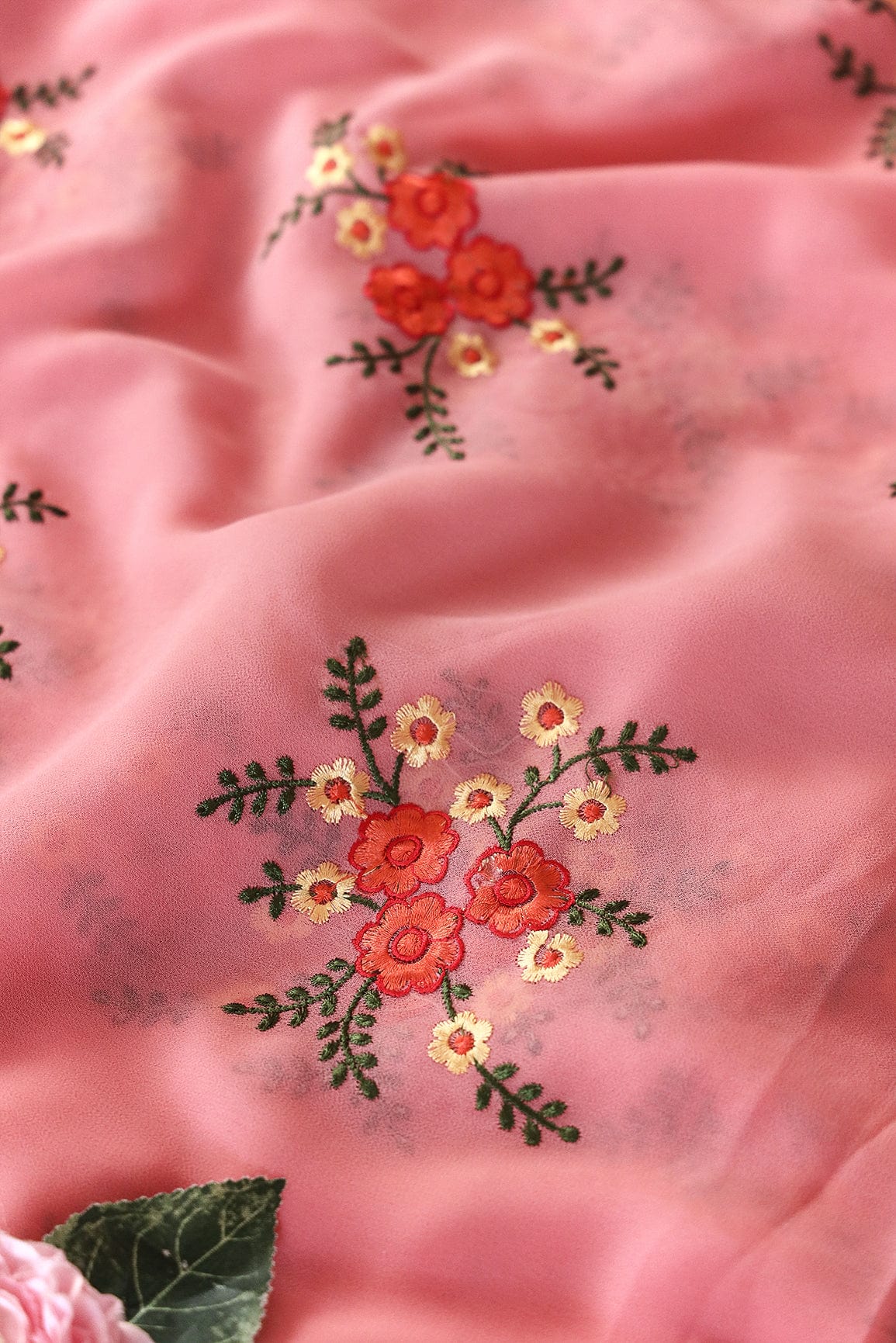doeraa Embroidery Fabrics Multi Colored Thread Floral Embroidery Work On Peach Georgette Fabric