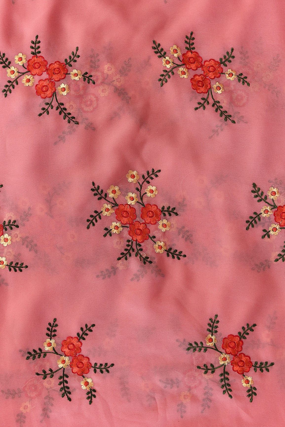 doeraa Embroidery Fabrics Multi Colored Thread Floral Embroidery Work On Peach Georgette Fabric