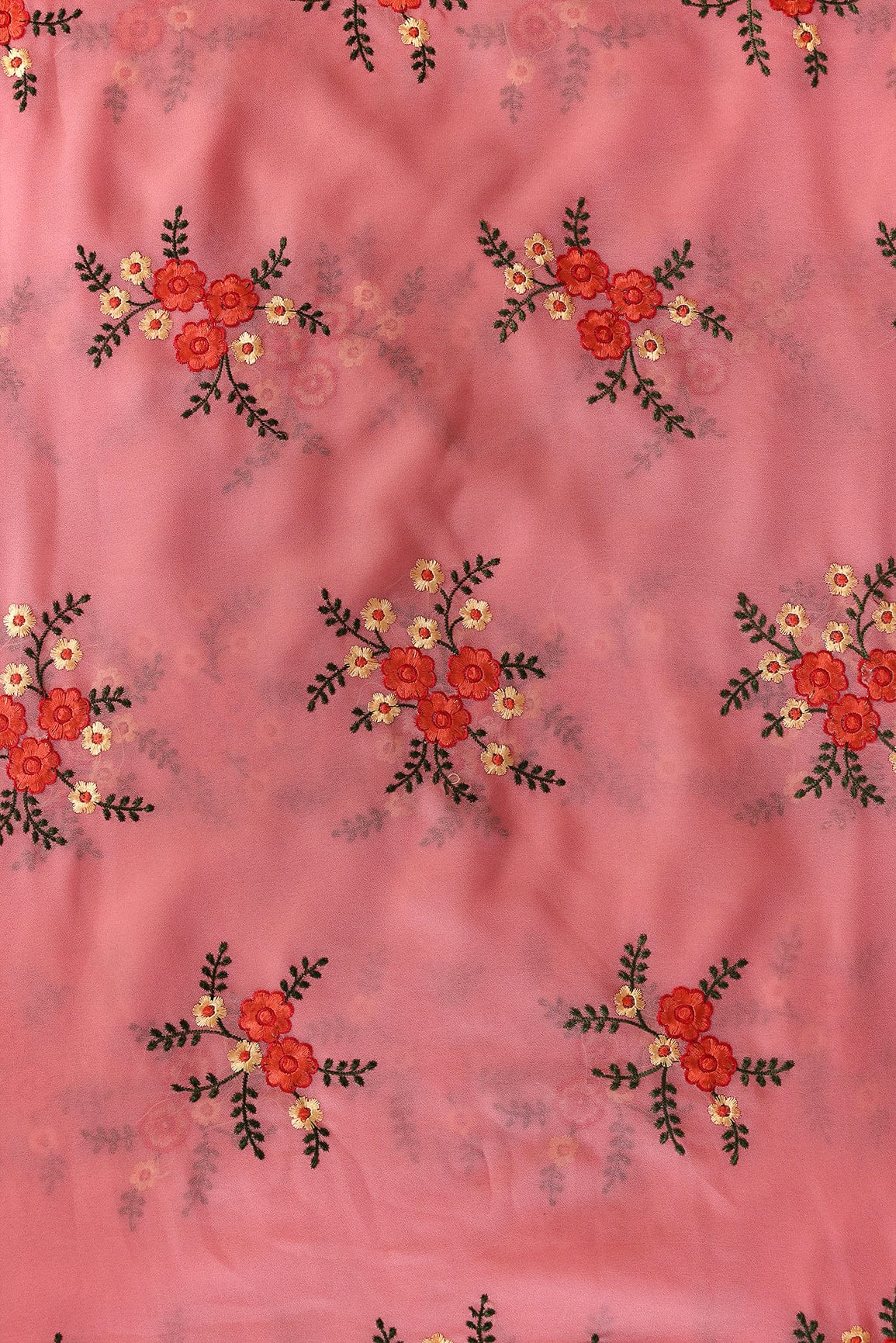 doeraa Embroidery Fabrics Multi Colored Thread Floral Embroidery Work On Peach Georgette Fabric