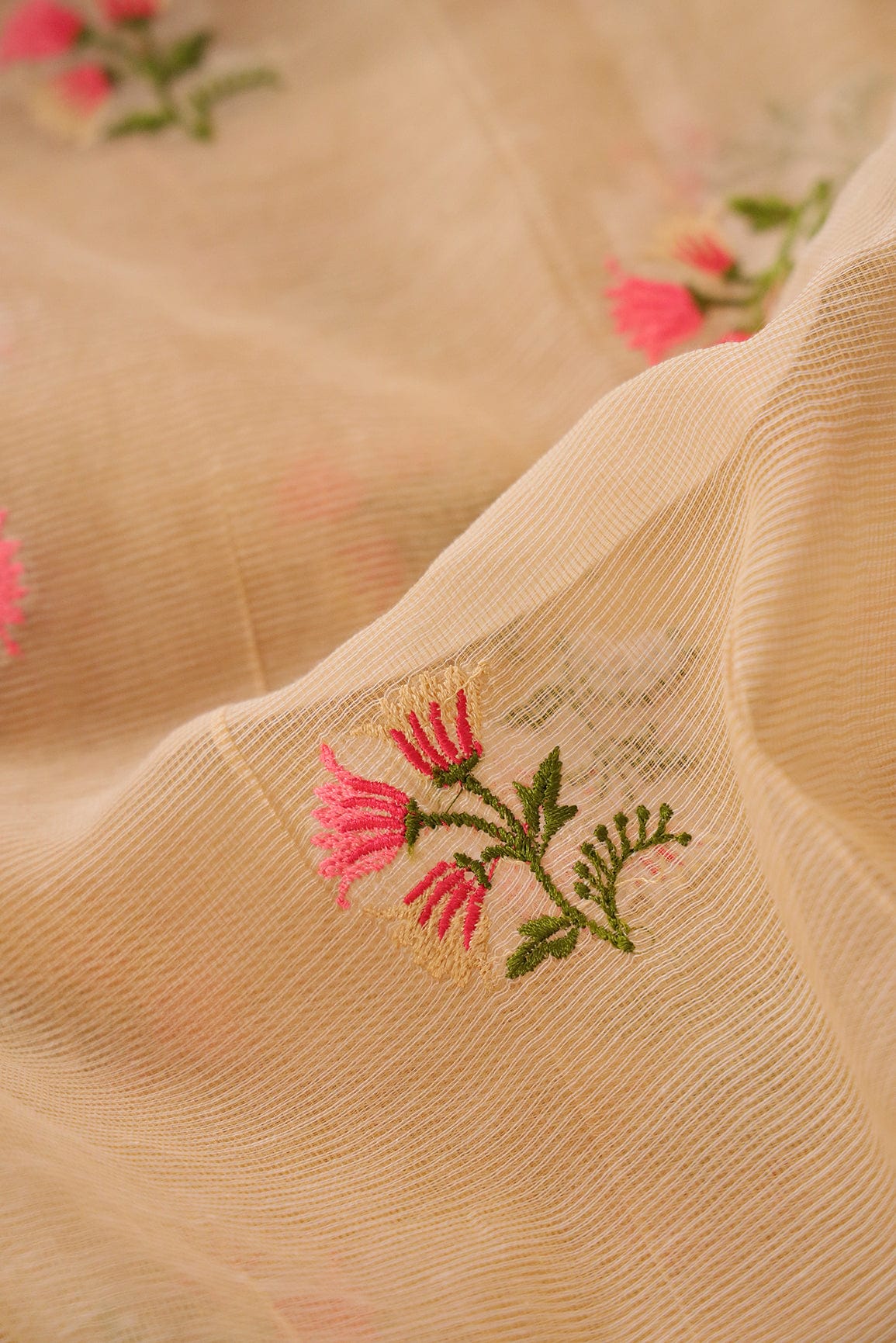 doeraa Embroidery Fabrics Multi Colour Floral Embroidery on Beige Kota Doria Net Fabric