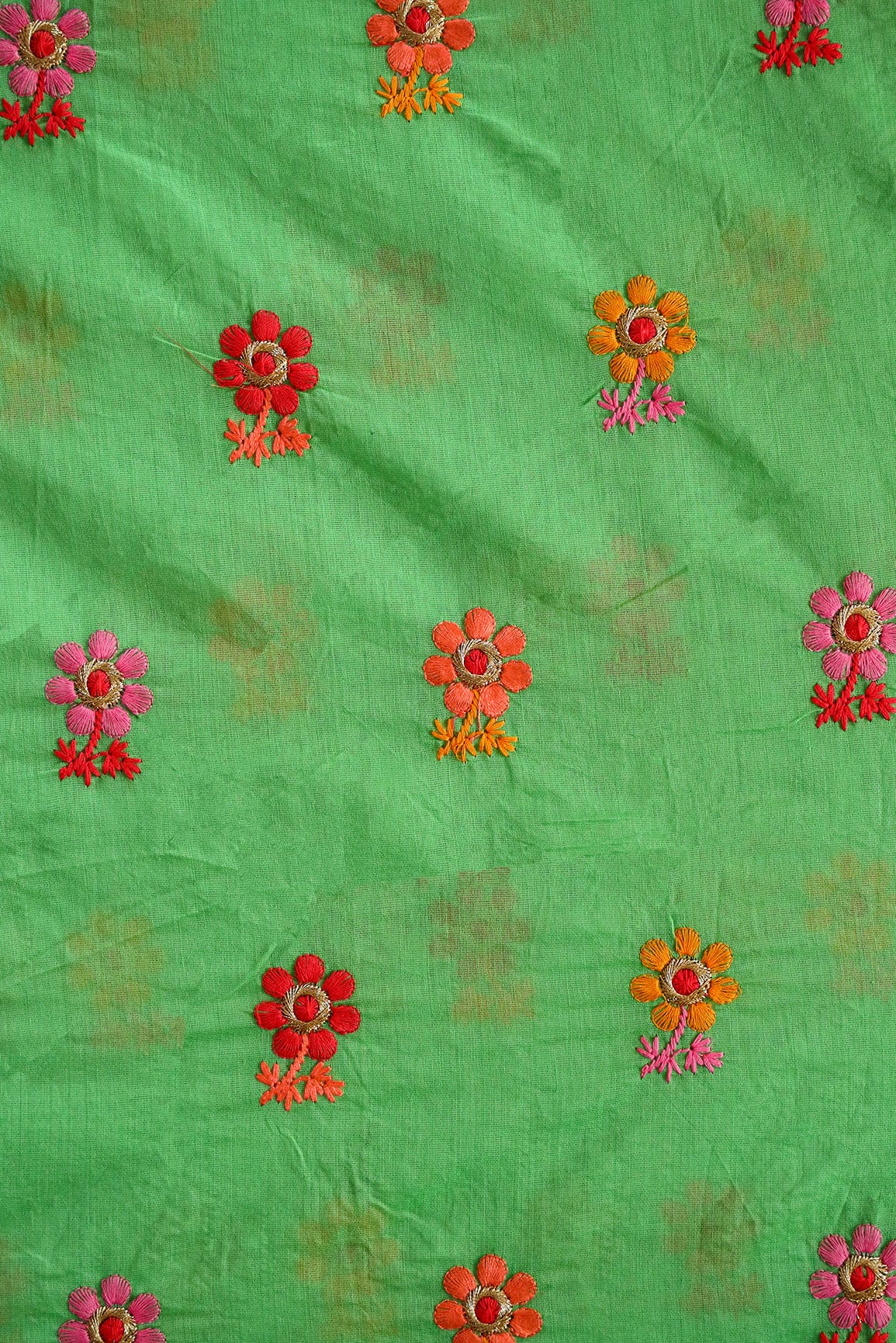 doeraa Embroidery Fabrics Multi Colour Flower Motif Zari Embroidery on Green Chanderi Fabric