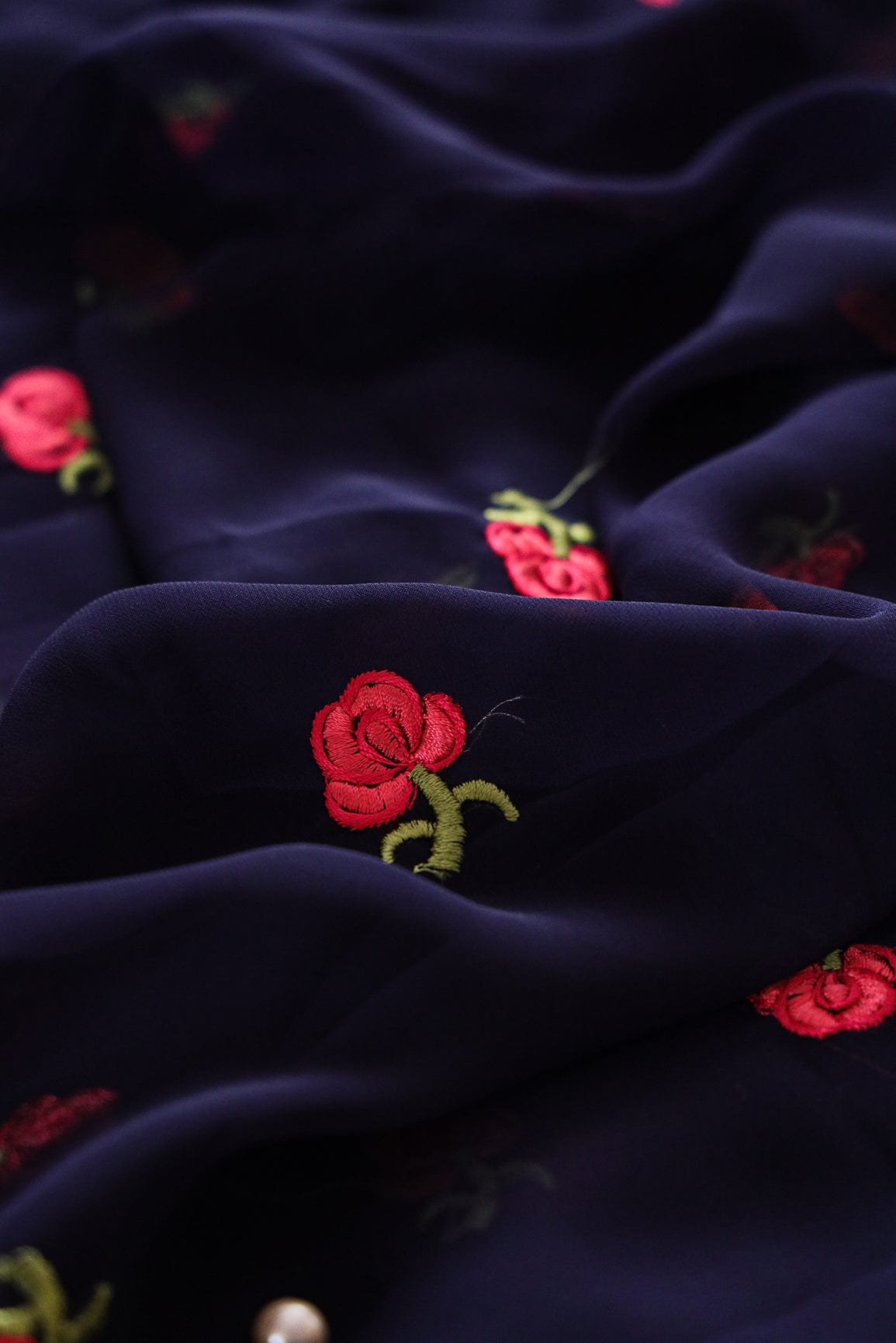 doeraa Embroidery Fabrics Multi Colour Subtle Flower Embroidery On Navy Blue Georgette Fabric