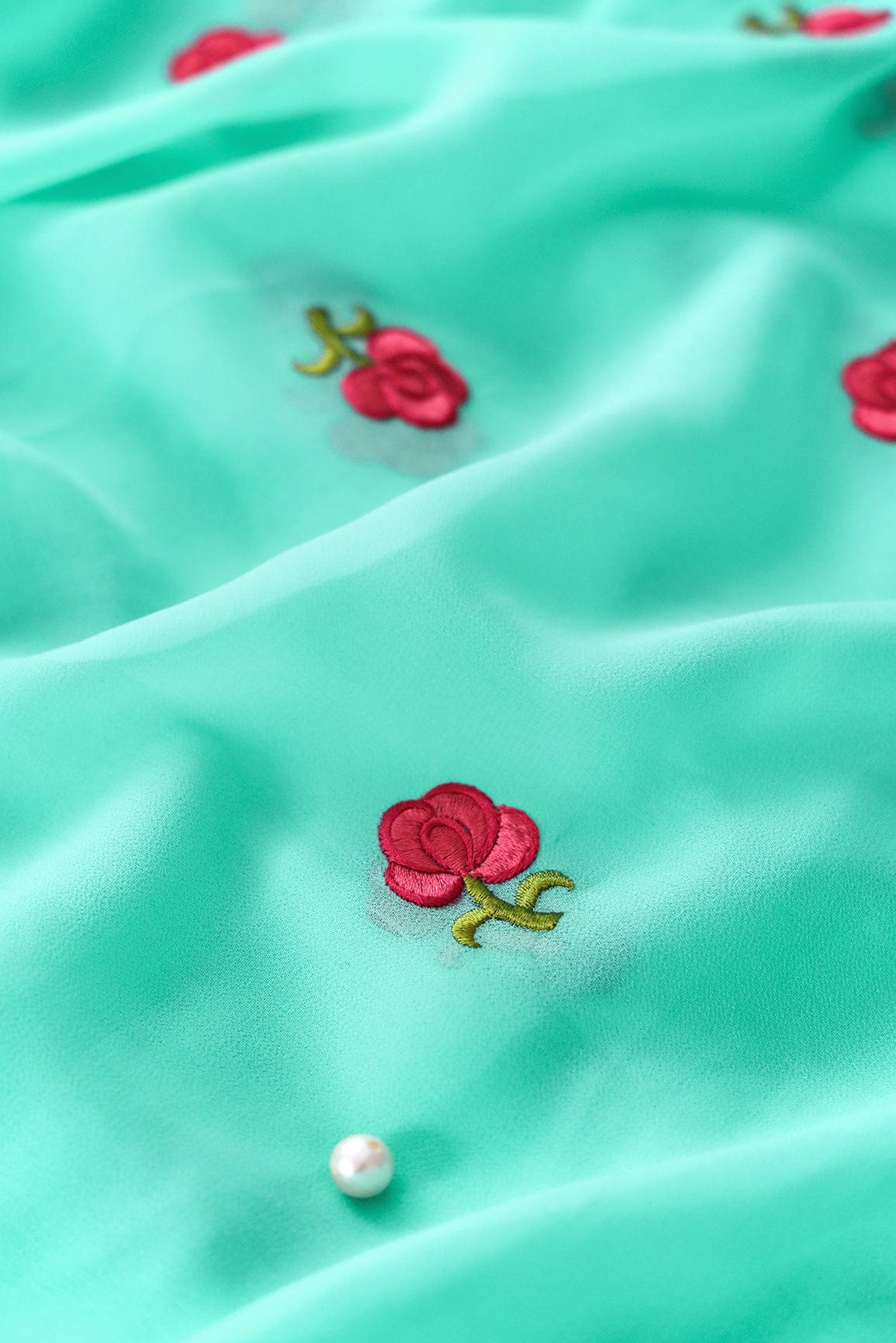 doeraa Embroidery Fabrics Multi Colour Subtle Flower Embroidery On Sea Green Georgette Fabric