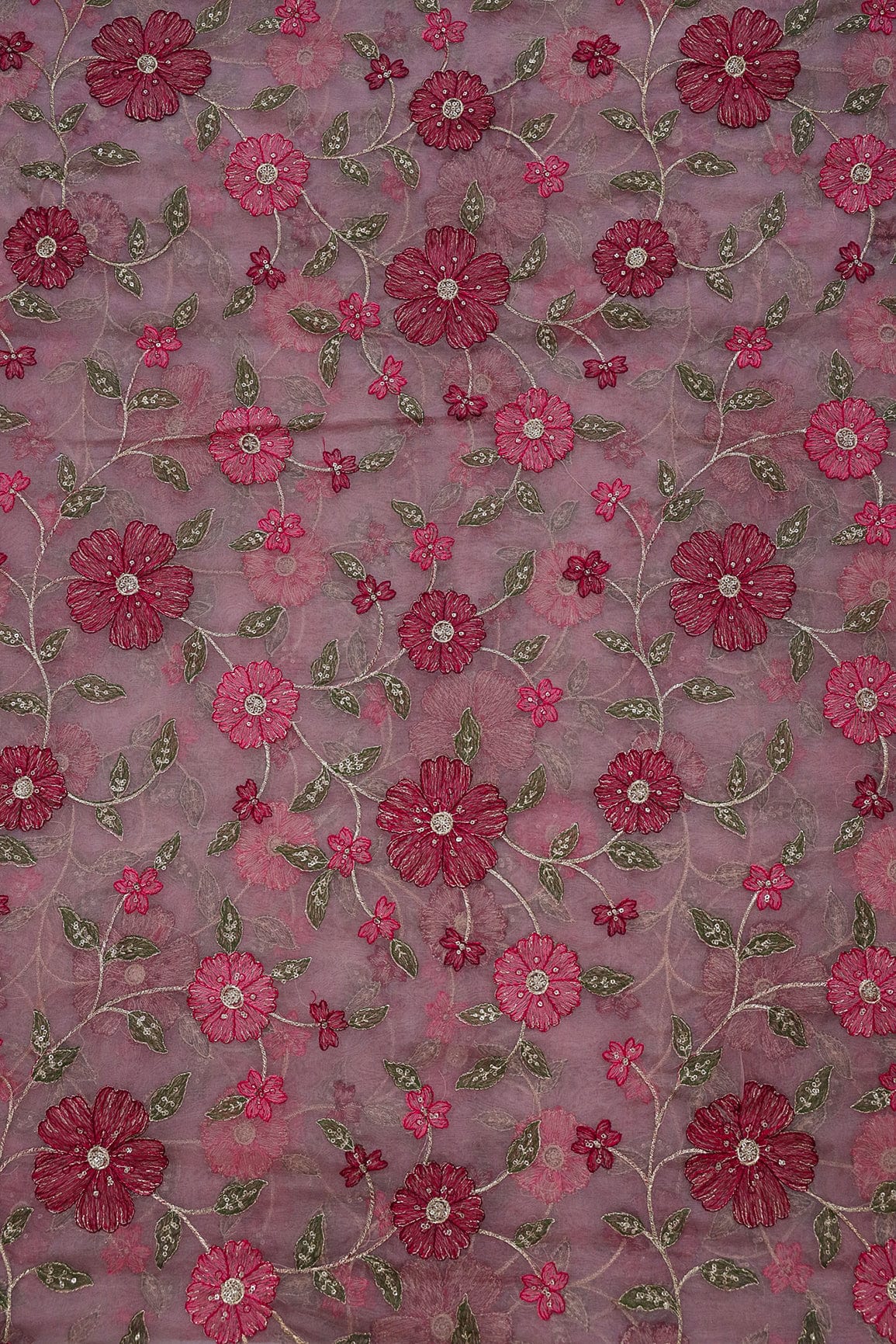 doeraa Embroidery Fabrics Multi Coloured Thread Embroidery On Salmon Pink Organza Fabric