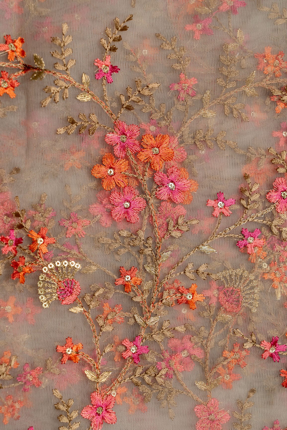 doeraa Embroidery Fabrics Multi Coloured Thread With Gold sequins Work Embroidery On Cloudy Grey Soft Net Fabric