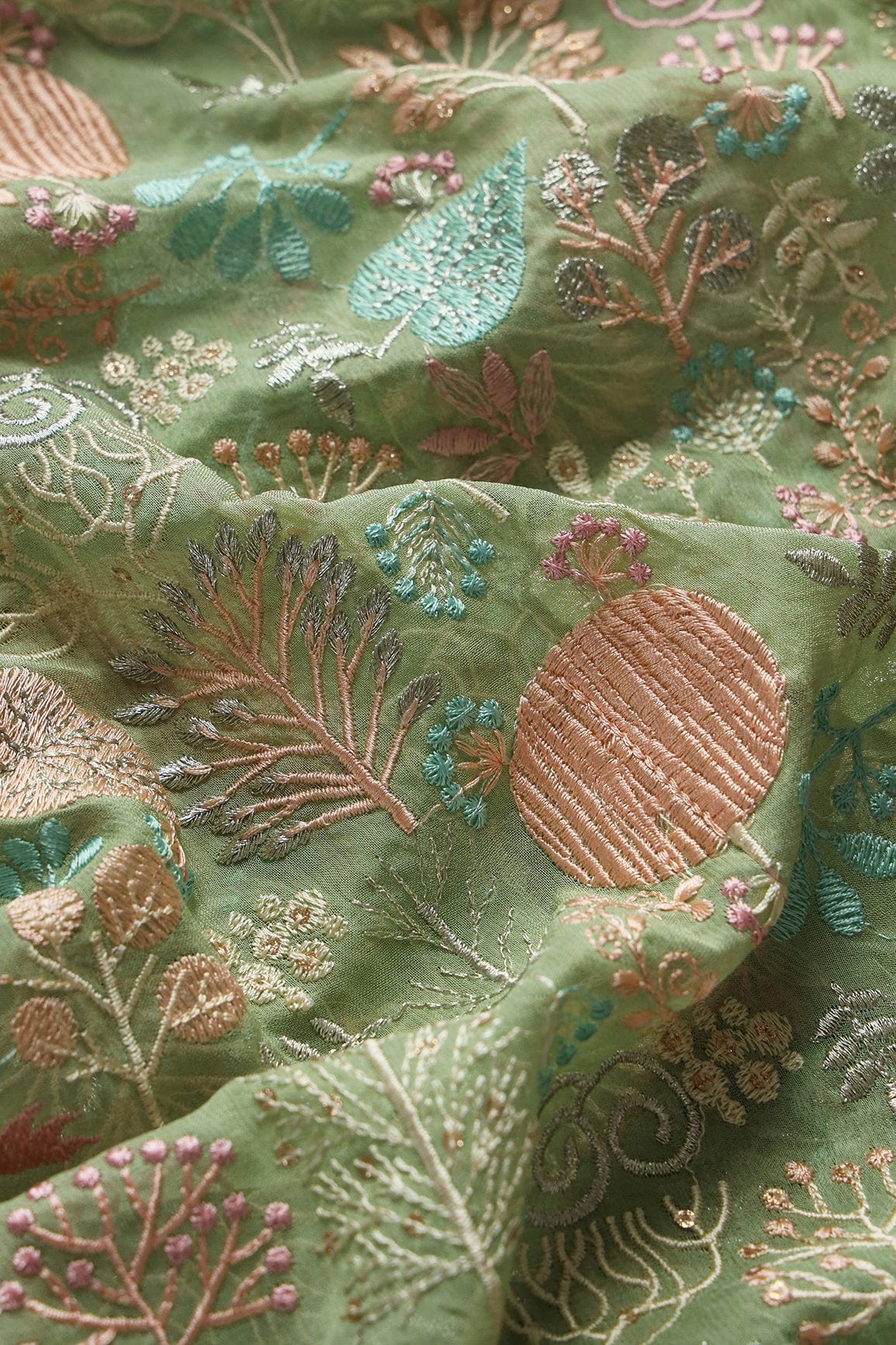 doeraa Embroidery Fabrics Multi Thread Beautiful Floral Embroidery On Olive Viscose Georgette Fabric