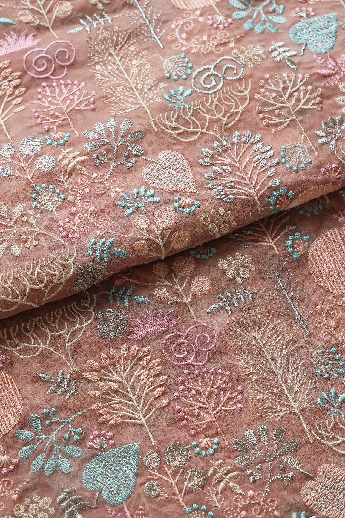 doeraa Embroidery Fabrics Multi Thread Beautiful Floral Embroidery On Peach Viscose Georgette Fabric