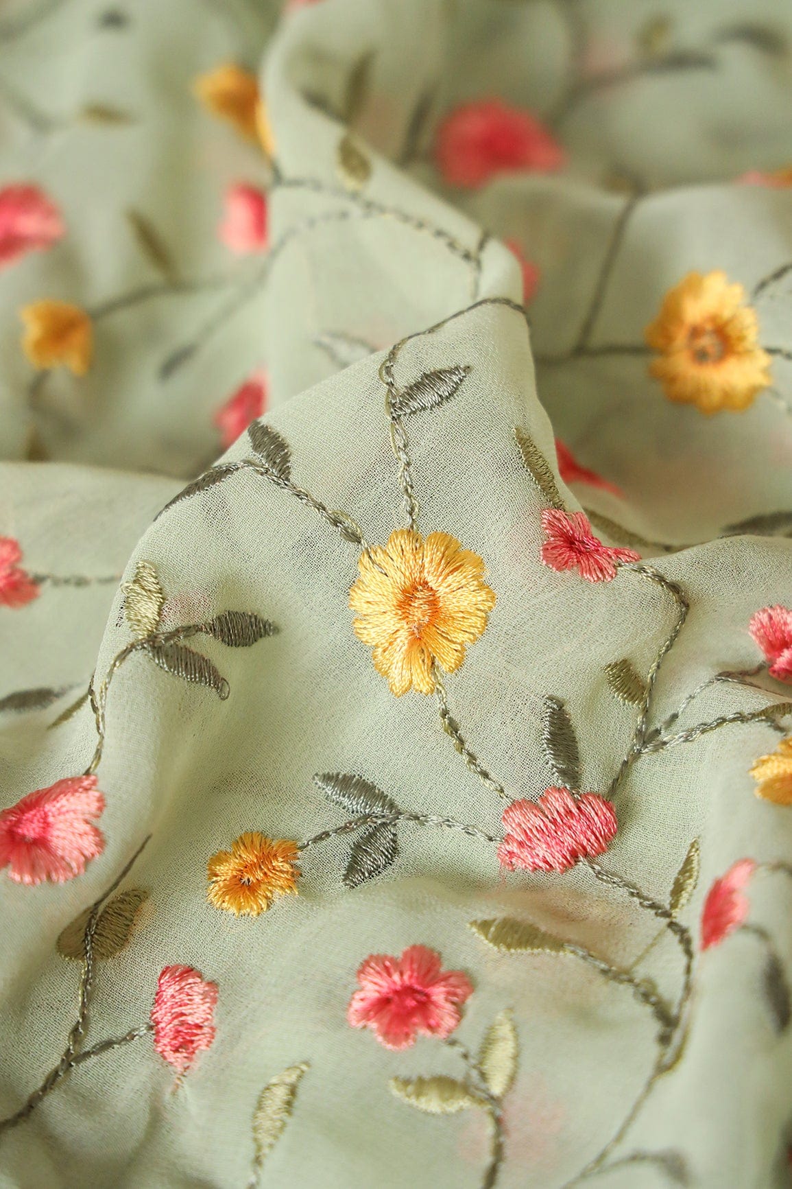 doeraa Embroidery Fabrics Multi Thread Beautiful Floral Embroidery Work On Olive Georgette Fabric