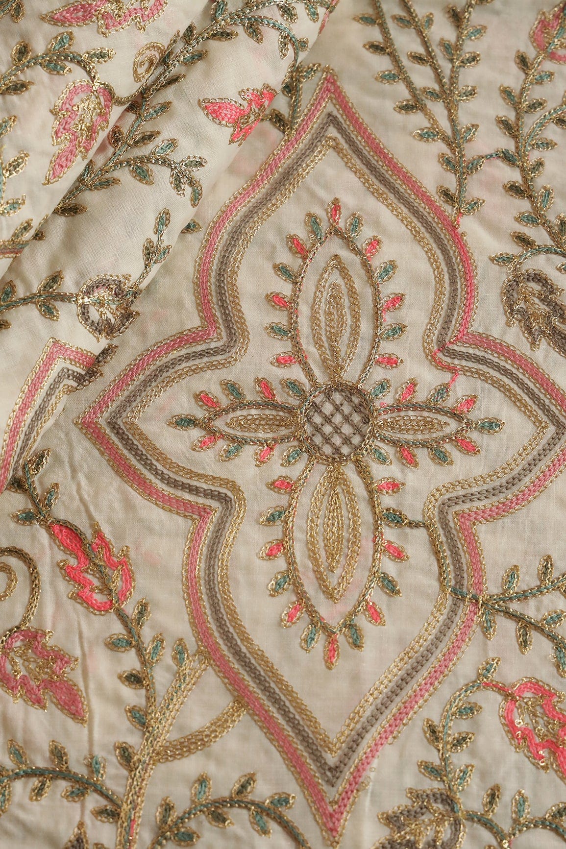 doeraa Embroidery Fabrics Multi Thread Beautiful Heavy Traditional Kashmiri Embroidery Work On Off White Cotton Fabric