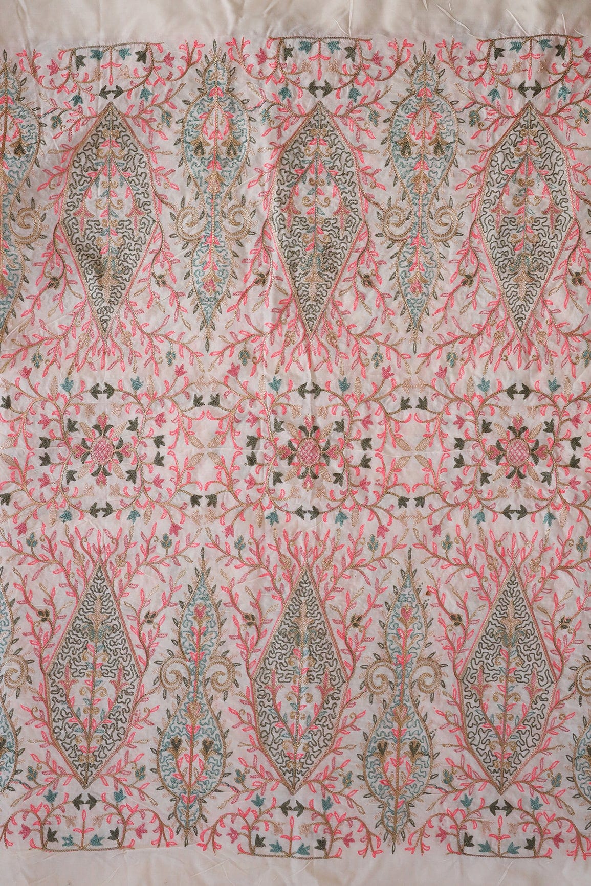 doeraa Embroidery Fabrics Multi Thread Beautiful Heavy Traditional Kashmiri Embroidery Work On Off White Cotton Fabric