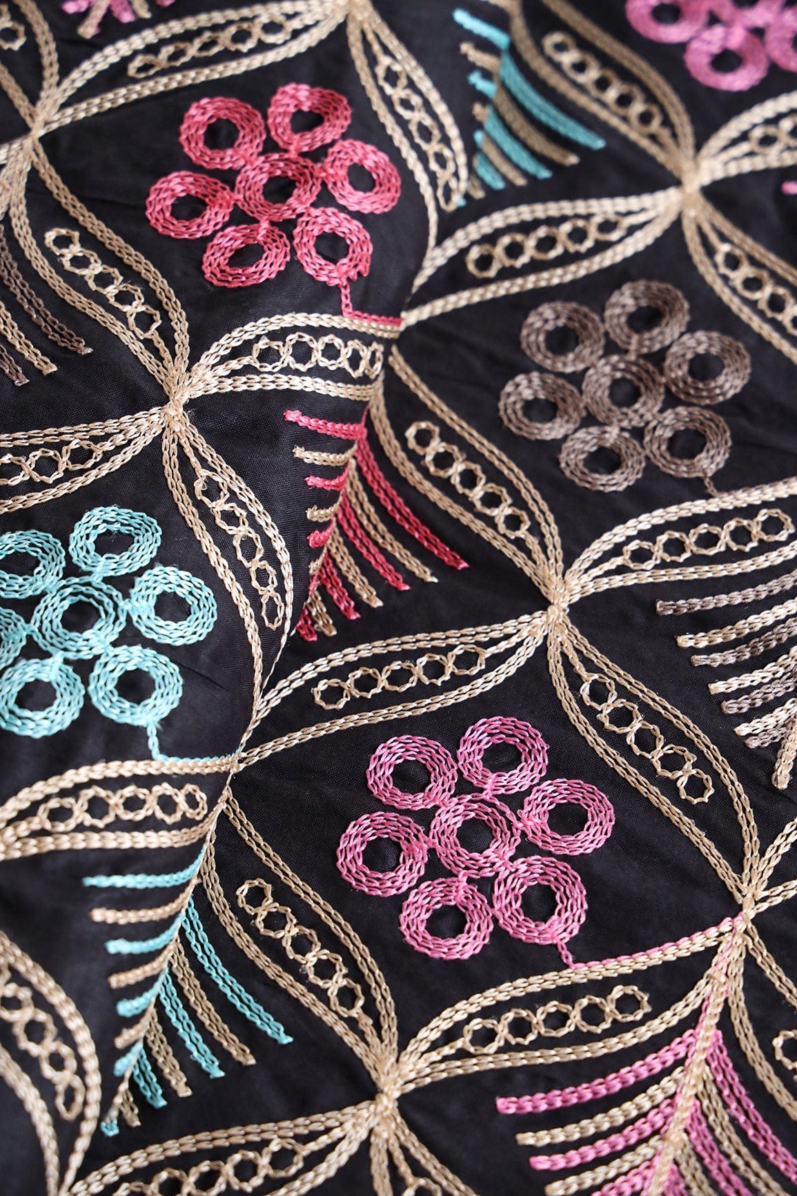 doeraa Embroidery Fabrics Multi Thread Beautiful Heavy Trellis Kashmiri Embroidery Work On Black Cotton Fabric