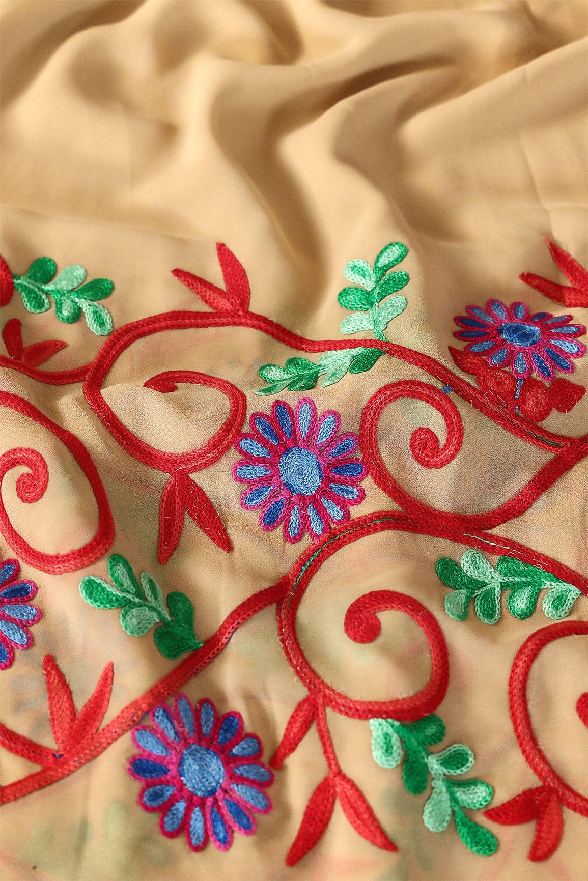 doeraa Embroidery Fabrics Multi Thread Floral Embroidery Work On Beige Georgette Fabric