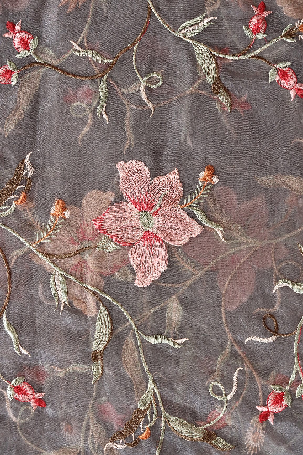 doeraa Embroidery Fabrics Multi Thread Floral Embroidery Work On Grey Organza Fabric