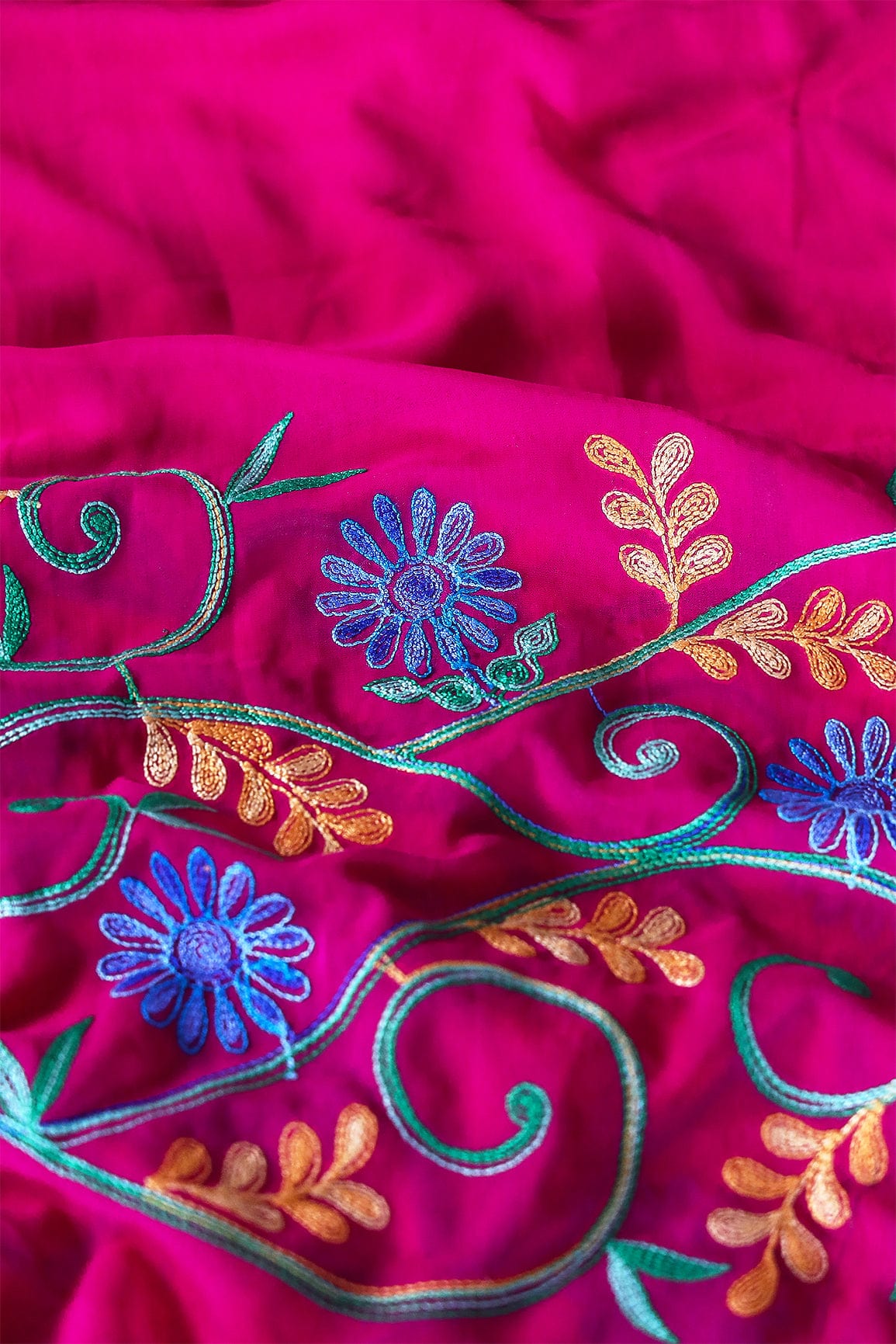 doeraa Embroidery Fabrics Multi Thread Floral Embroidery Work On Rani Georgette Fabric
