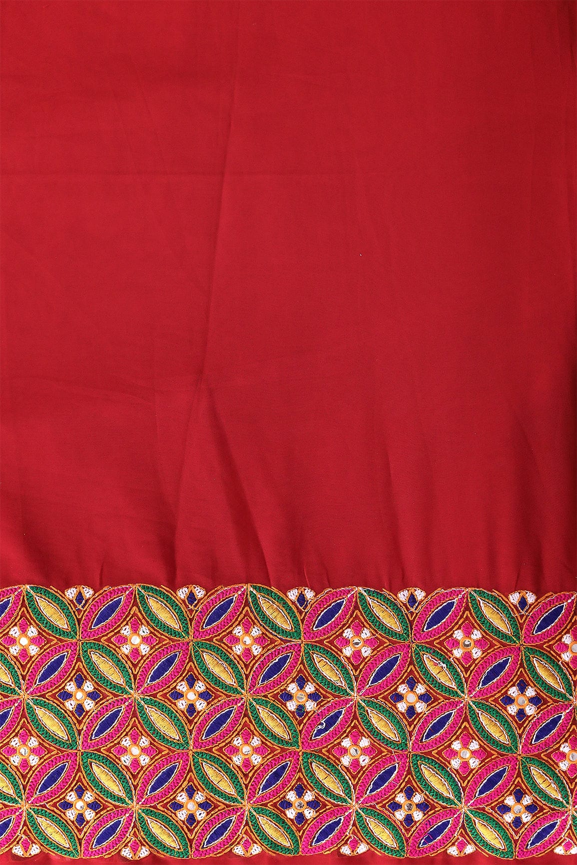doeraa Embroidery Fabrics Multi Thread Geometric Embroidery Work On Red Georgette Fabric