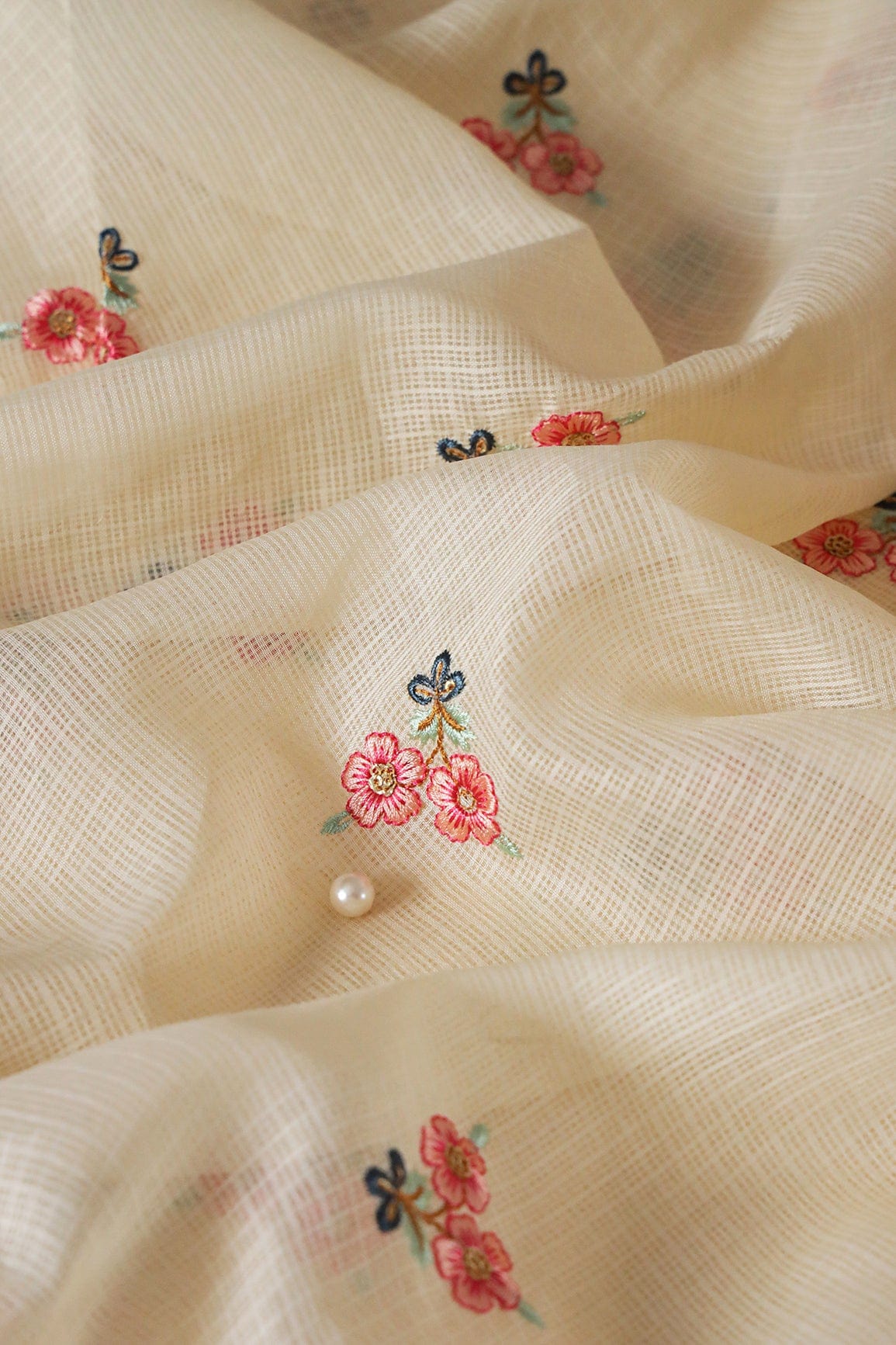 doeraa Embroidery Fabrics Multi Thread Small Floral Booti Embroidery Work On Cream Kota Doria Net Fabric