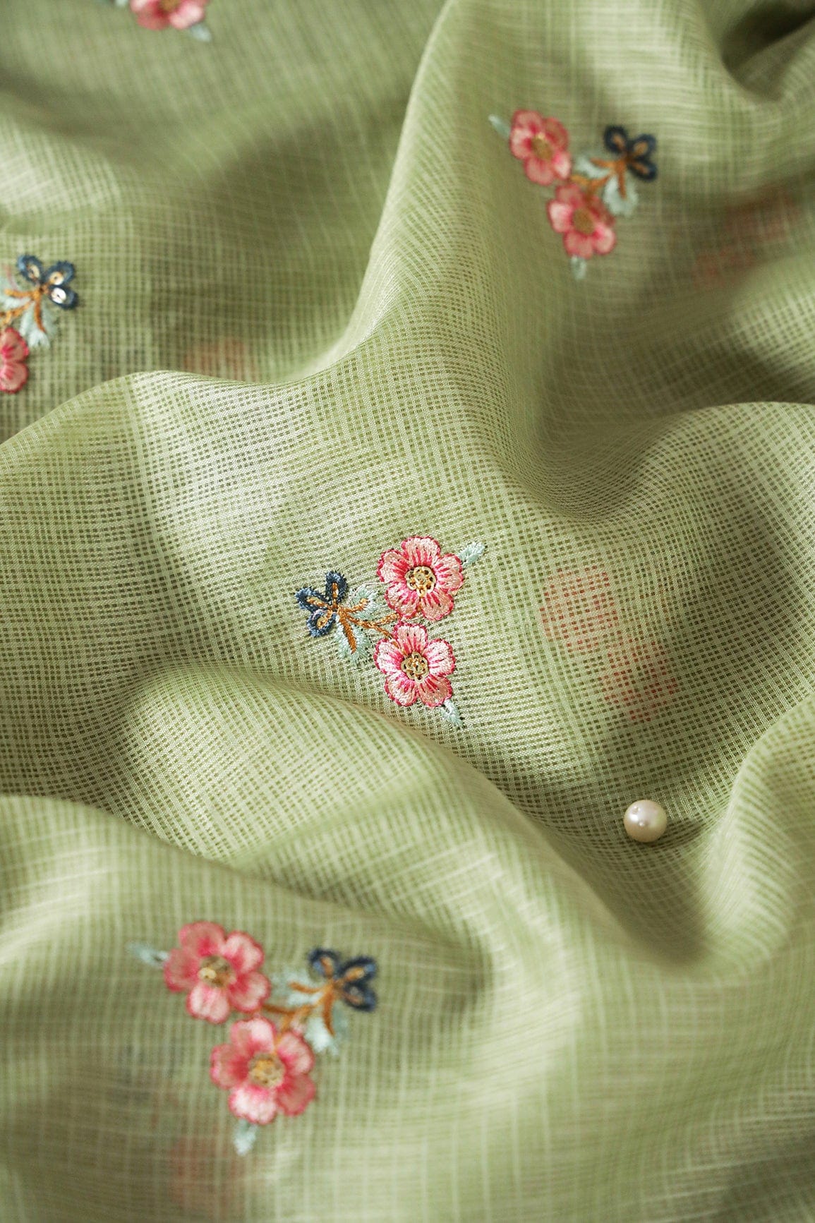 doeraa Embroidery Fabrics Multi Thread Small Floral Booti Embroidery Work On Olive Kota Doria Net Fabric