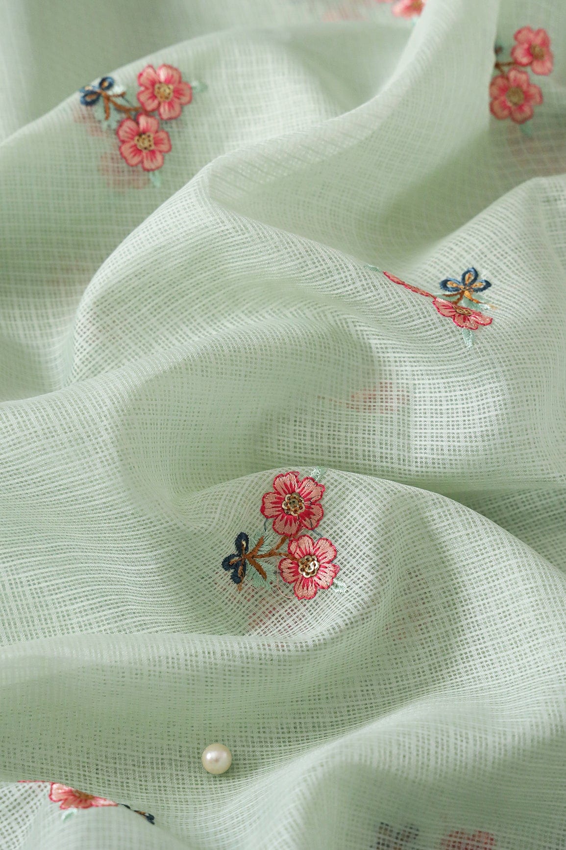 doeraa Embroidery Fabrics Multi Thread Small Floral Booti Embroidery Work On Pastel Olive Kota Doria Net Fabric