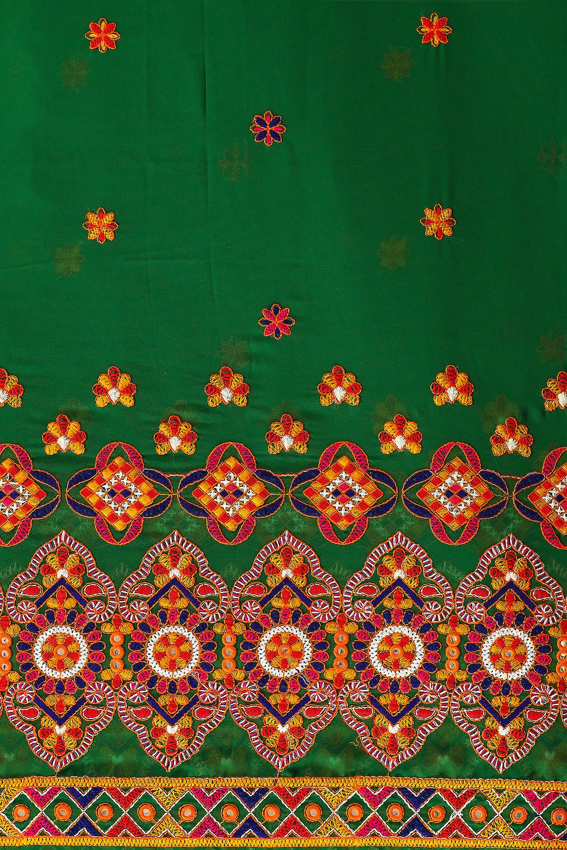 doeraa Embroidery Fabrics Multi Thread Traditional Embroidery Work On Green Georgette Fabric