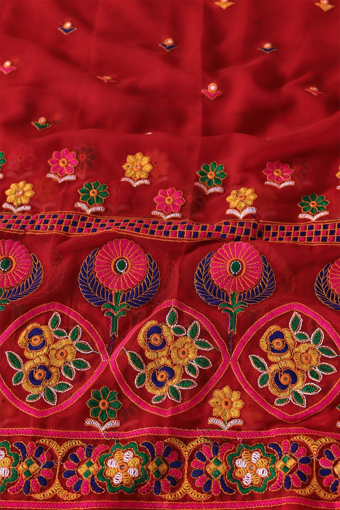doeraa Embroidery Fabrics Multi Thread Traditional Embroidery Work On Red Georgette Fabric
