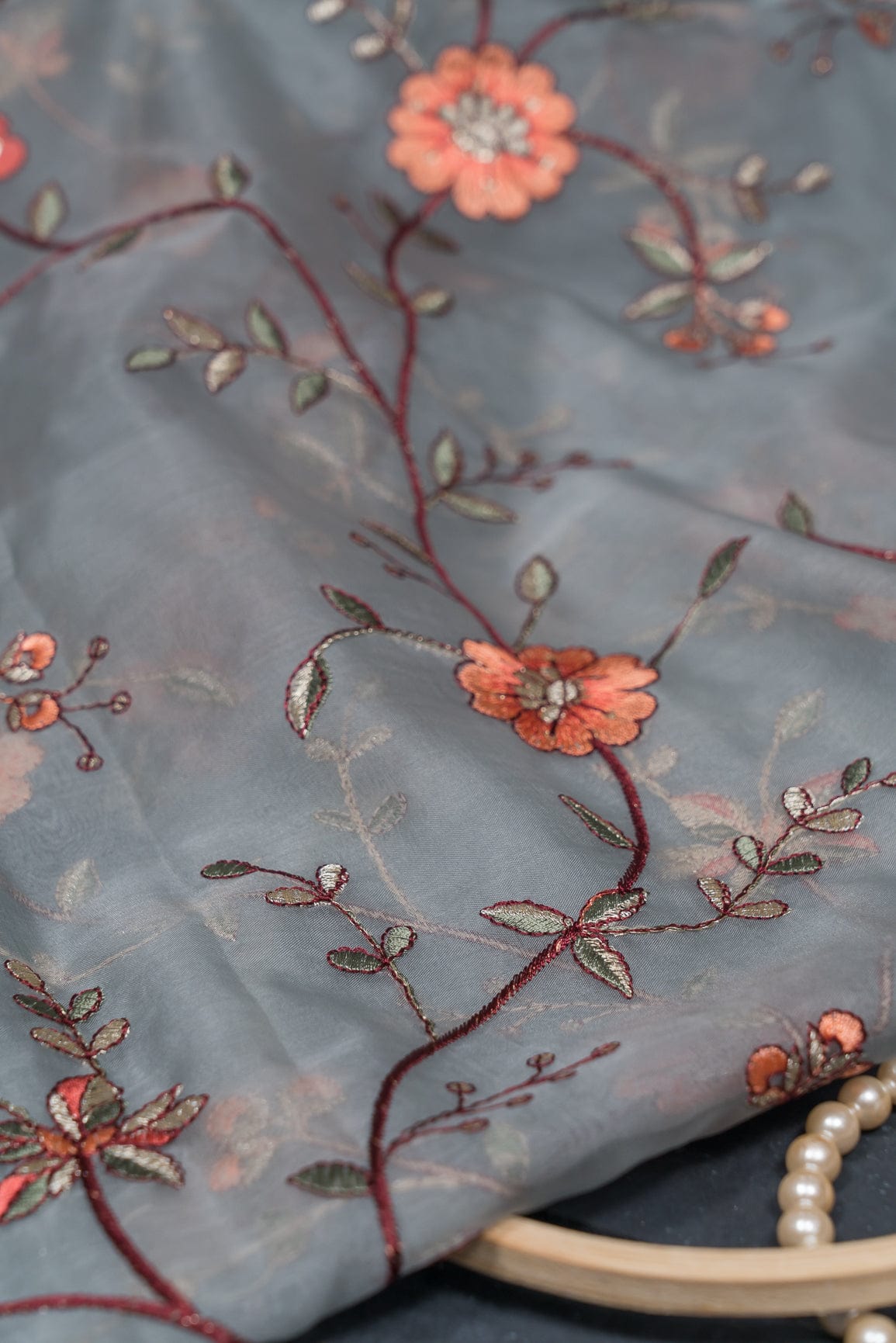 doeraa Embroidery Fabrics Multi Thread with Gold Sequins Embroidery On Grey Organza Fabric