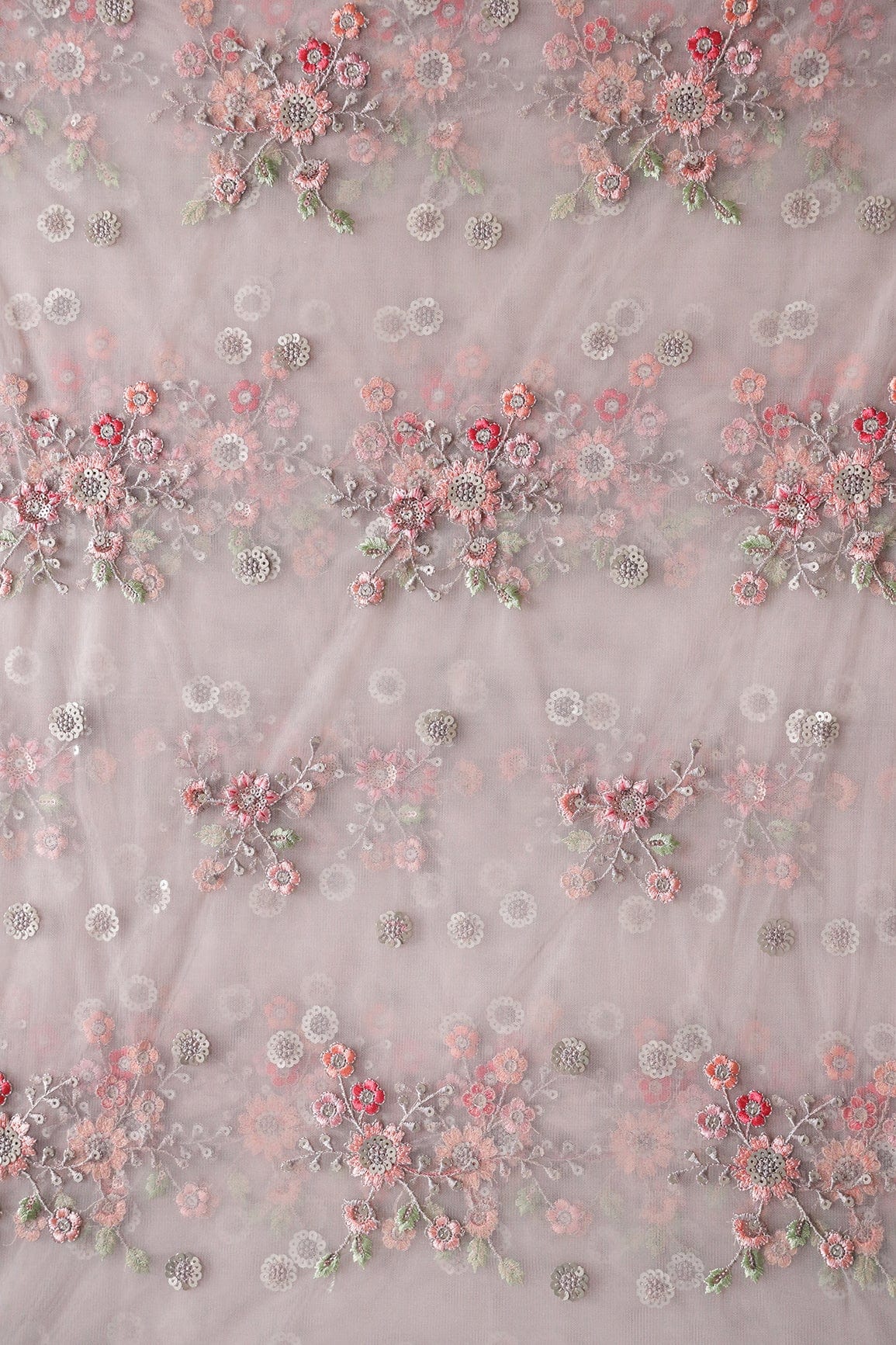 doeraa Embroidery Fabrics Multi Thread With Gold Sequins Floral Butta Embroidery On Light Grey Soft Net Fabric