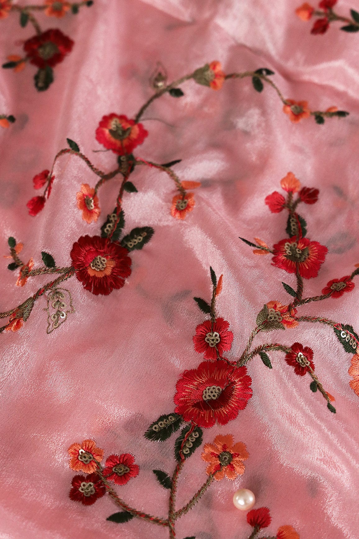 doeraa Embroidery Fabrics Multi Thread With Gold Sequins Floral Embroidery Work On Pink Chinnon Chiffon Fabric