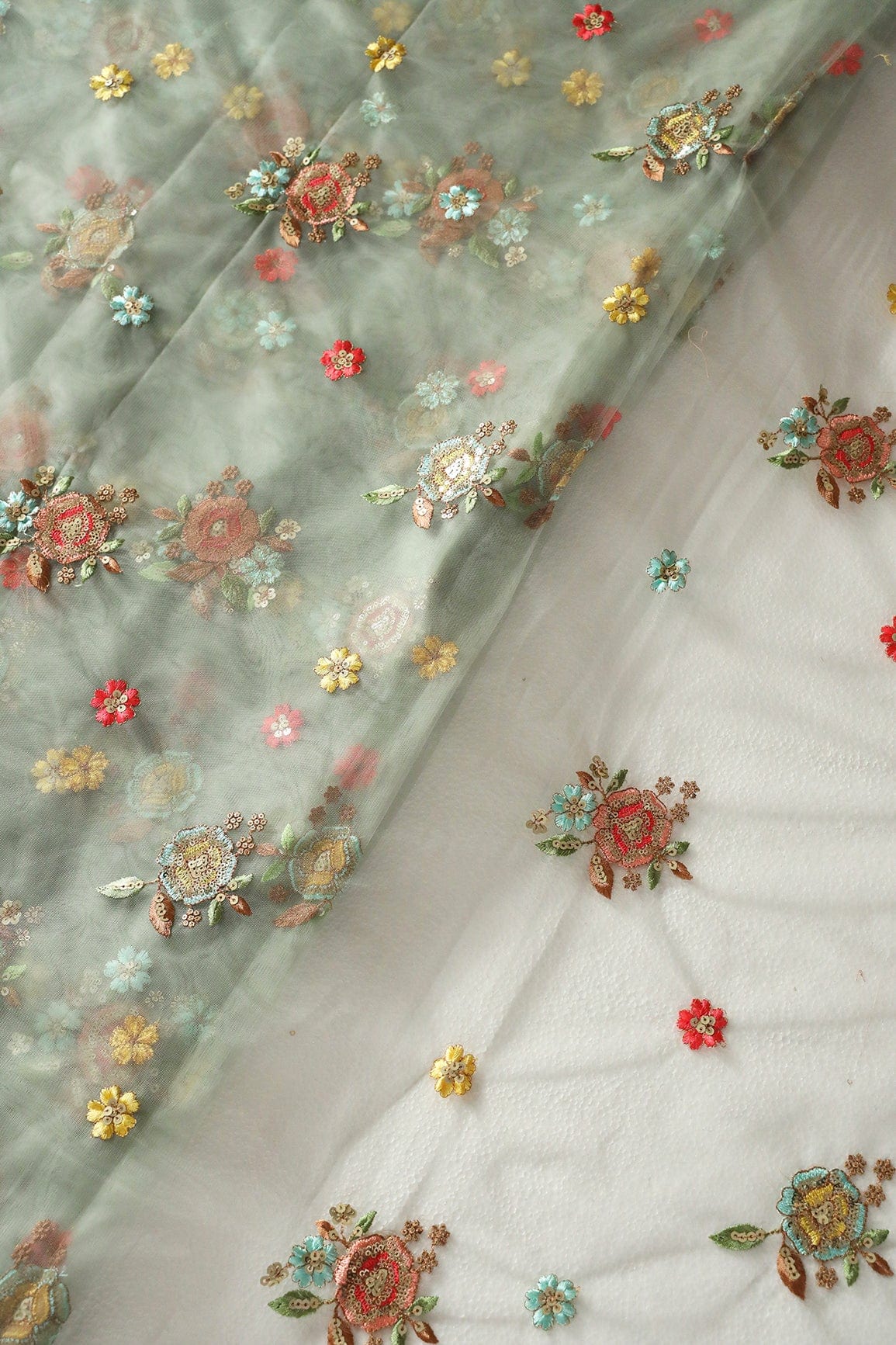 doeraa Embroidery Fabrics Multi Thread With Gold Sequins Small Floral Embroidery On Dusty Olive Soft Net Fabric