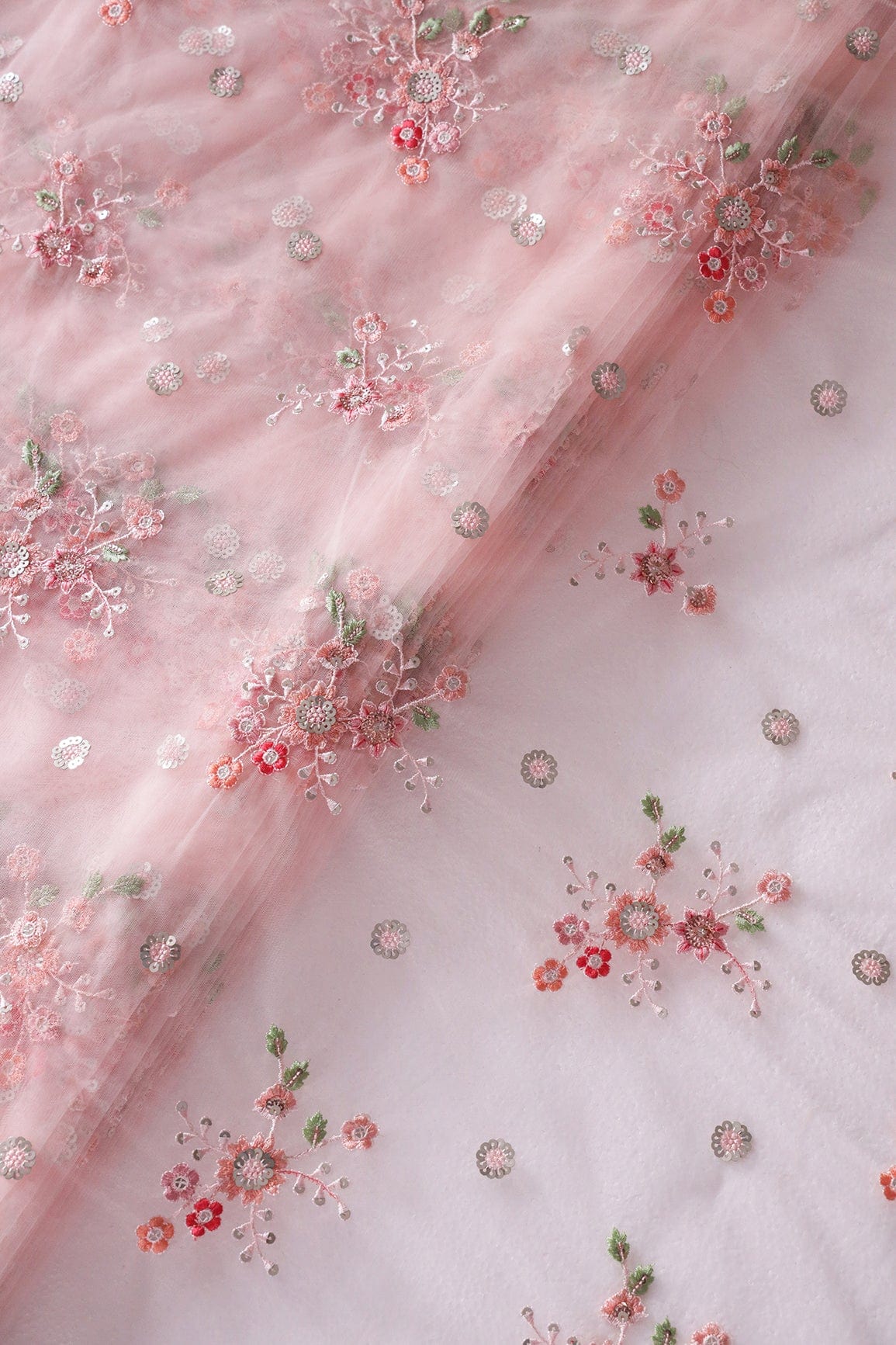 doeraa Embroidery Fabrics Multi Thread With Sequins Floral Butta Embroidery On Baby Pink Soft Net Fabric