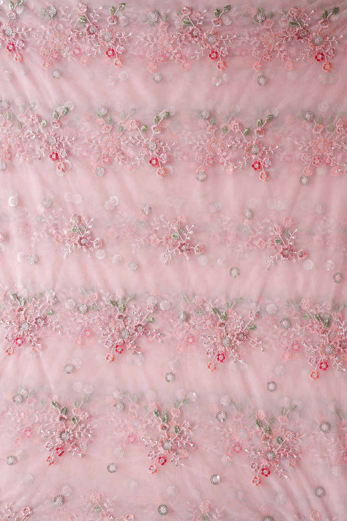 doeraa Embroidery Fabrics Multi Thread With Sequins Floral Butta Embroidery On Baby Pink Soft Net Fabric