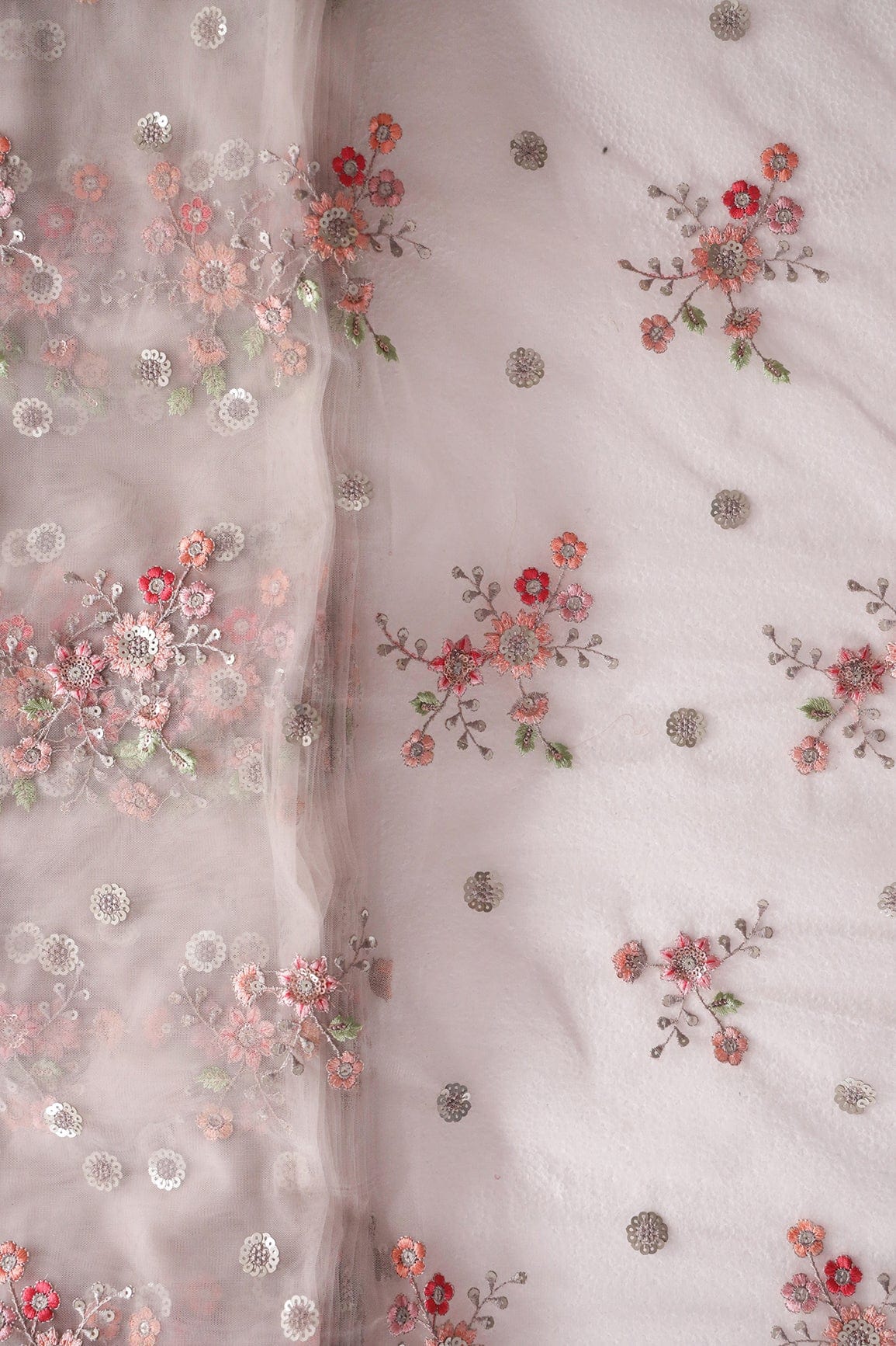 doeraa Embroidery Fabrics Multi Thread With Sequins Floral Butta Embroidery On Light Grey Soft Net Fabric