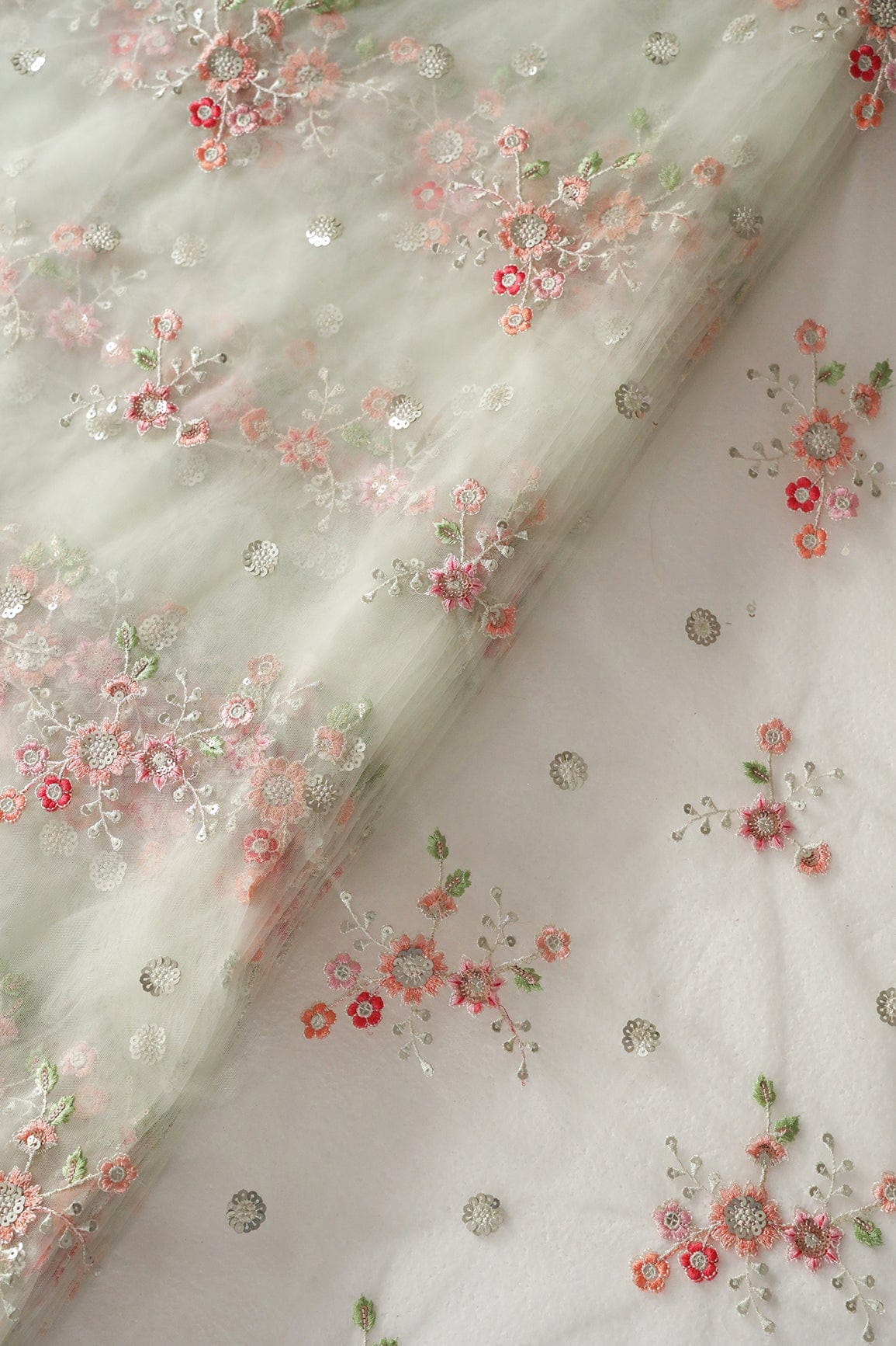 doeraa Embroidery Fabrics Multi Thread With Sequins Floral Butta Embroidery On Pastel Olive Soft Net Fabric