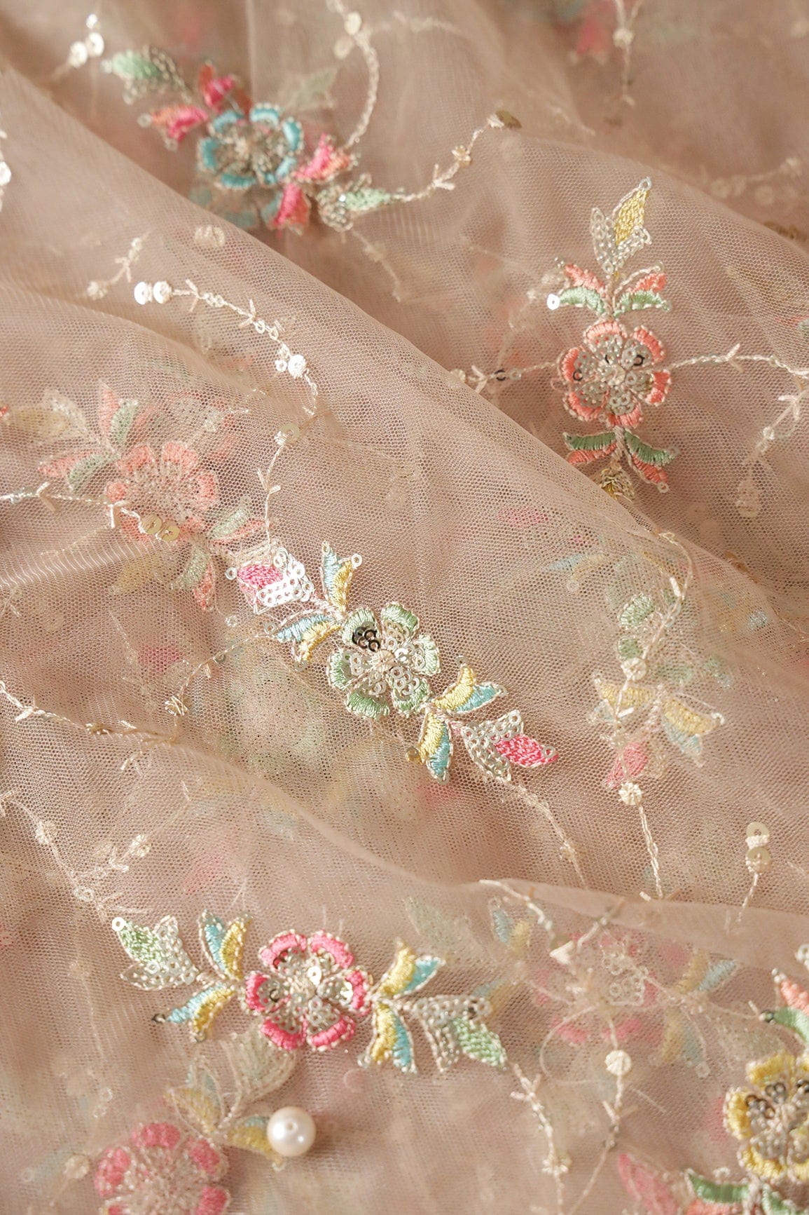 doeraa Embroidery Fabrics Multi Thread With Small Gold Sequins Floral Embroidery On Beige Soft Net Fabric