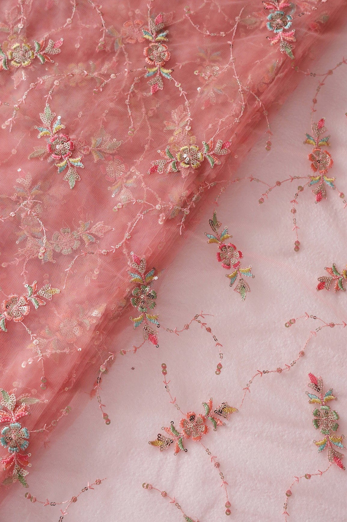 doeraa Embroidery Fabrics Multi Thread With Small Gold Sequins Floral Embroidery On Peach Soft Net Fabric