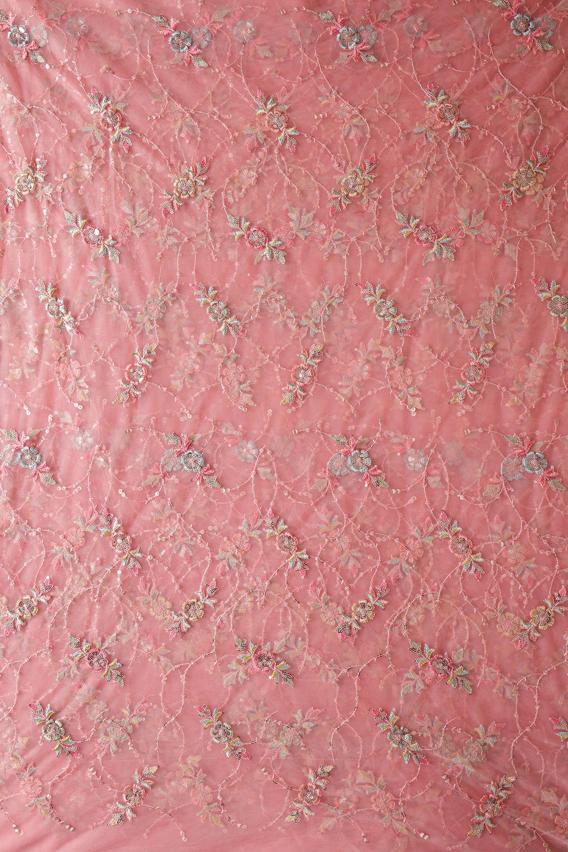 doeraa Embroidery Fabrics Multi Thread With Small Gold Sequins Floral Embroidery On Peach Soft Net Fabric
