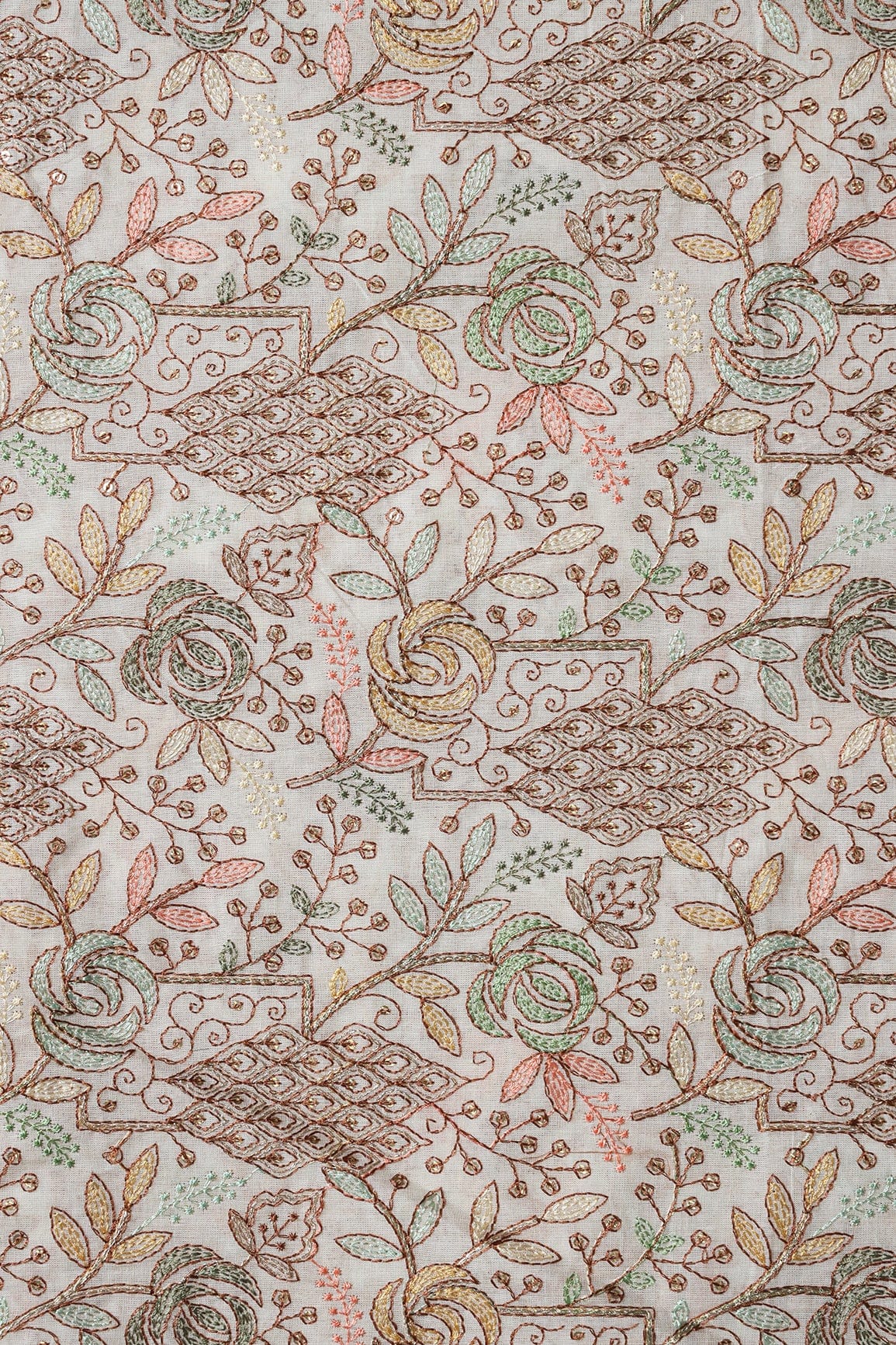 doeraa Embroidery Fabrics Multi Thread With Zari And Gold Sequins Floral Embroidery On Off White Organic Cotton Fabric