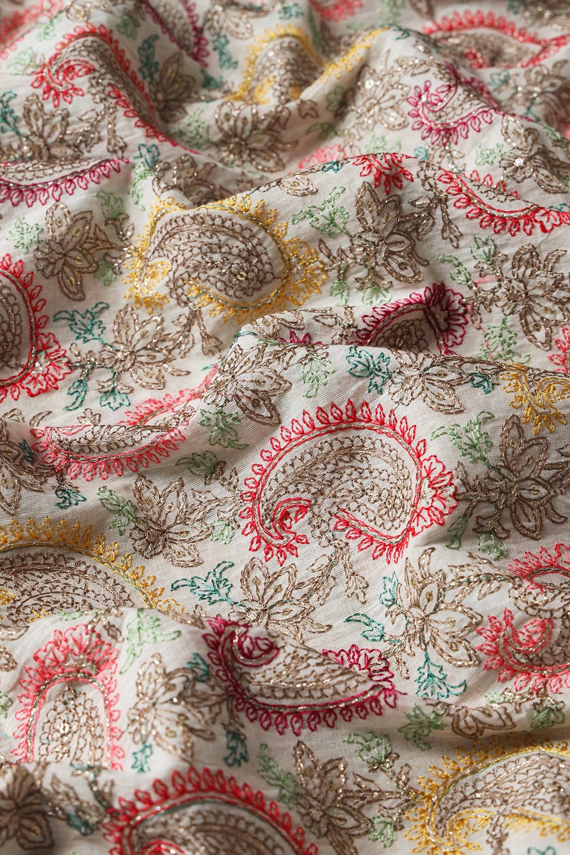 doeraa Embroidery Fabrics Multi Thread With Zari And Gold Sequins Paisley Embroidery On Off White Organic Cotton Fabric