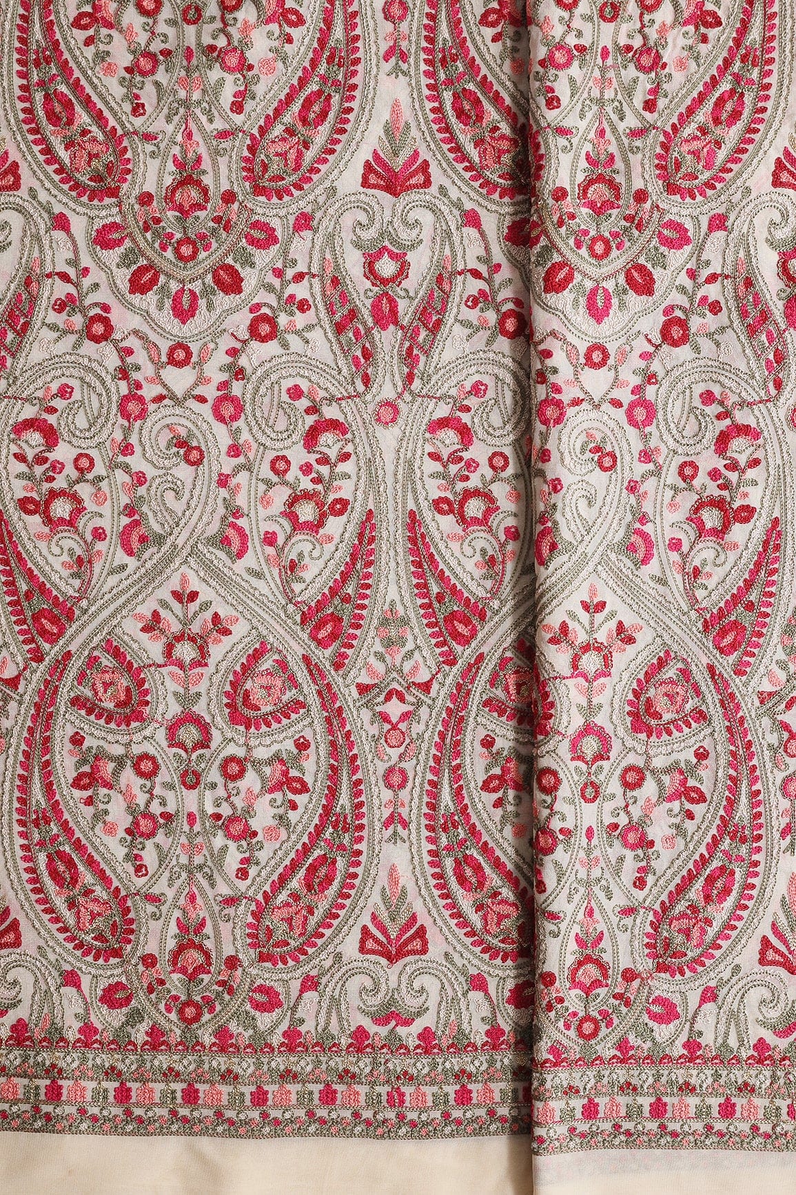 doeraa Embroidery Fabrics Multi Thread With Zari Paisley Embroidery On Beige Viscose Georgette Fabric