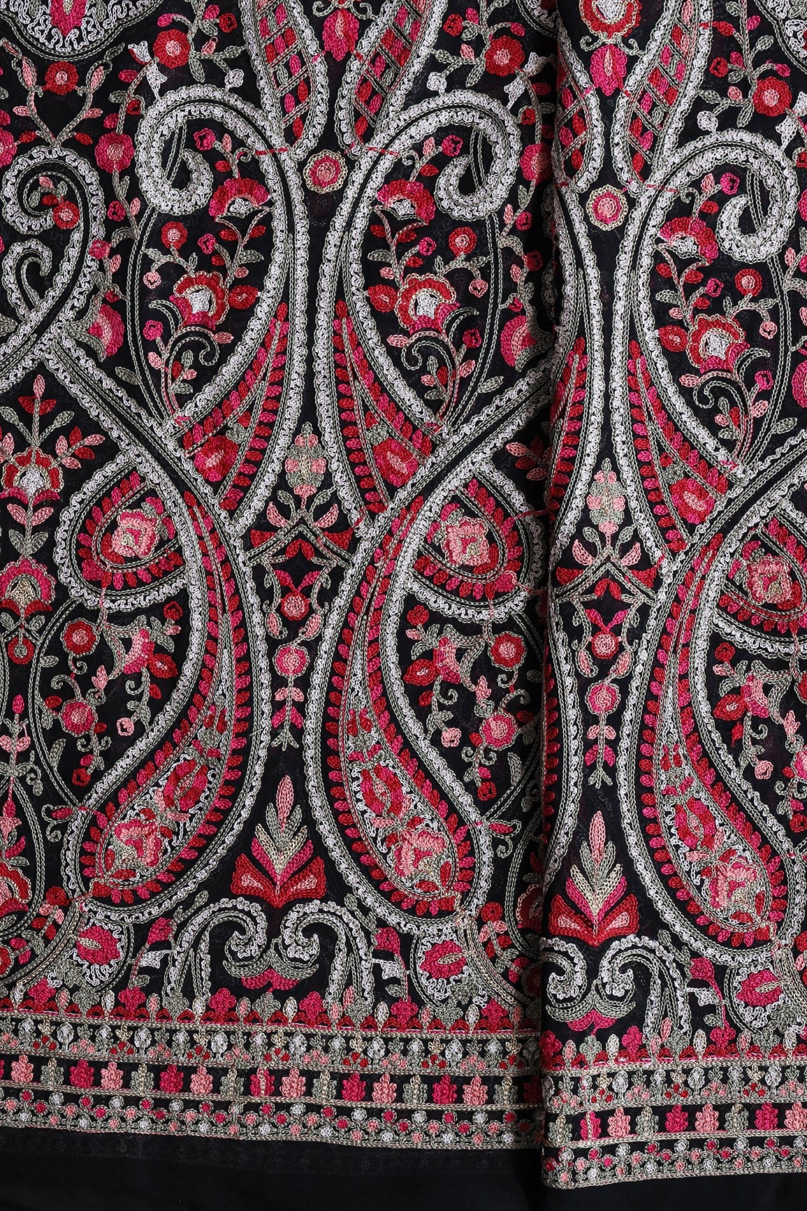 doeraa Embroidery Fabrics Multi Thread With Zari Paisley Embroidery On Black Viscose Georgette Fabric