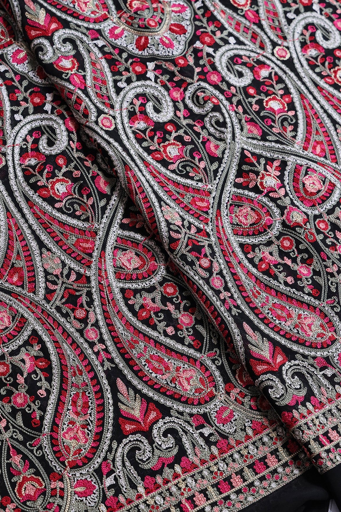 doeraa Embroidery Fabrics Multi Thread With Zari Paisley Embroidery On Black Viscose Georgette Fabric