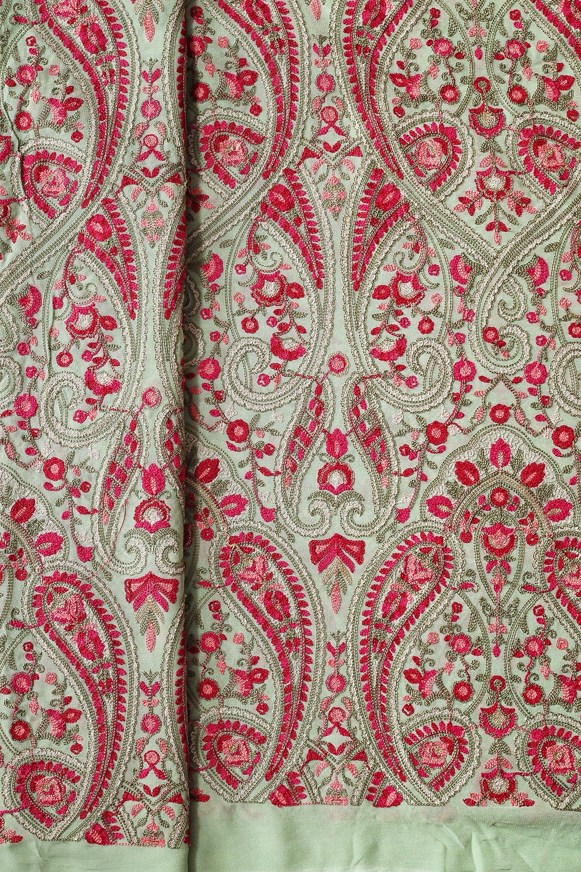 doeraa Embroidery Fabrics Multi Thread With Zari Paisley Embroidery On Olive Viscose Georgette Fabric