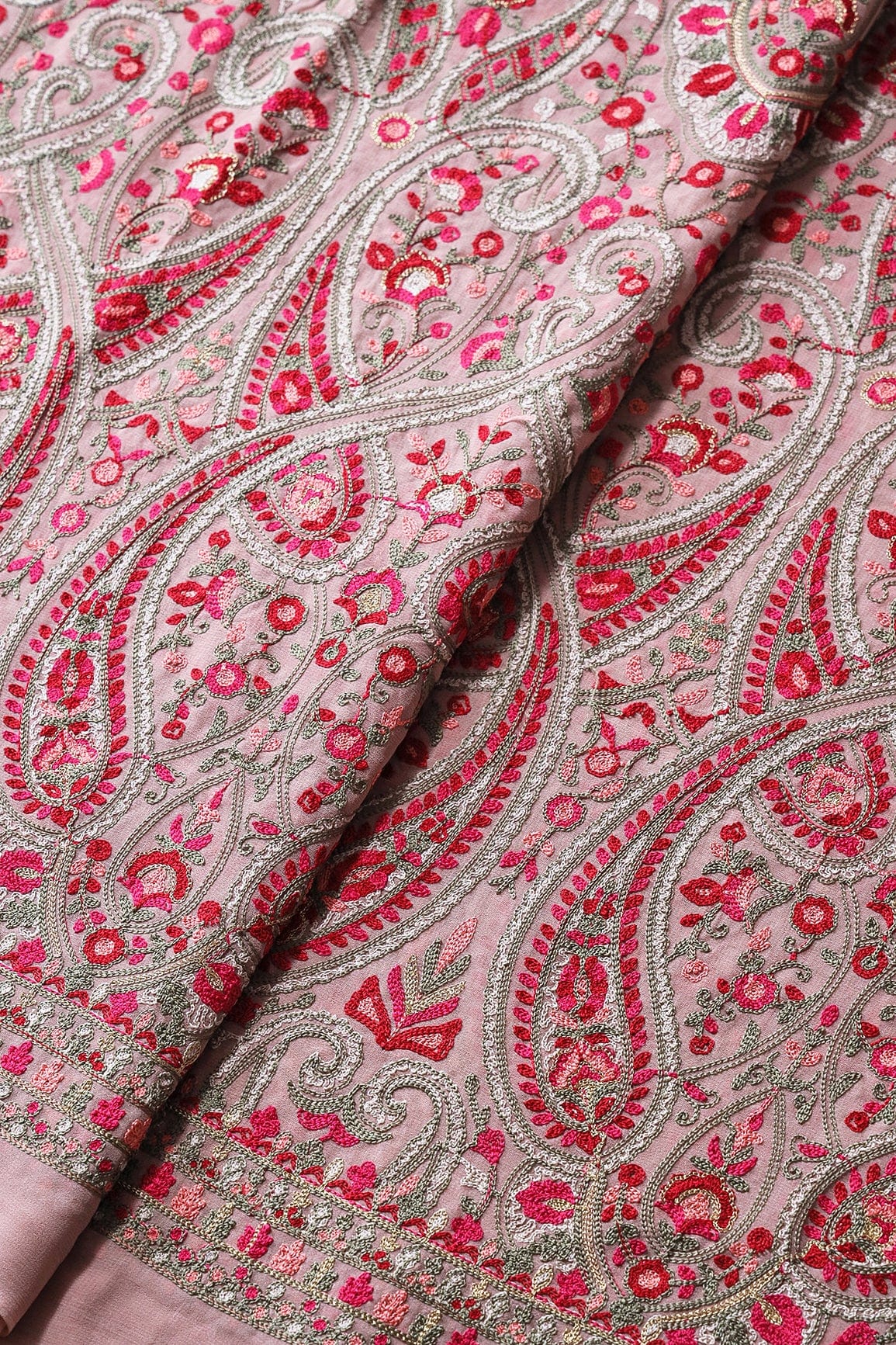 doeraa Embroidery Fabrics Multi Thread With Zari Paisley Embroidery On Peach Viscose Georgette Fabric