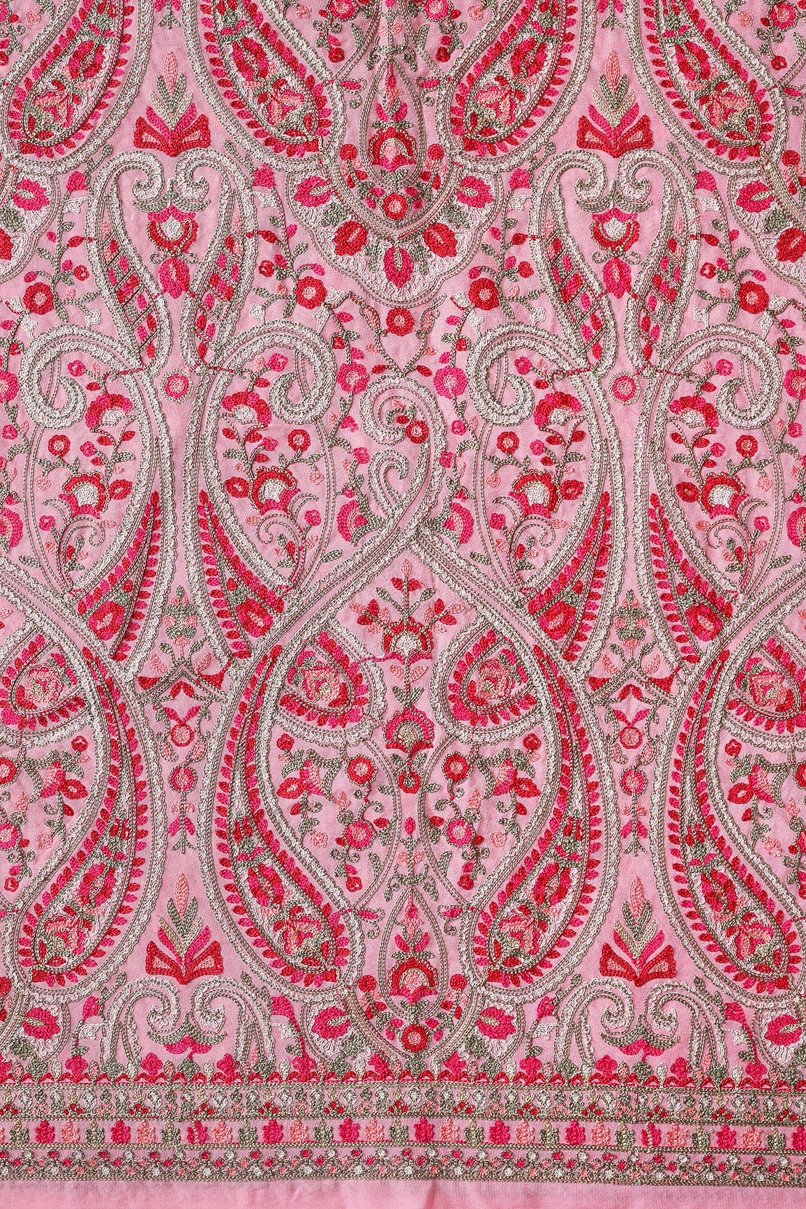doeraa Embroidery Fabrics Multi Thread With Zari Paisley Embroidery On Pink Viscose Georgette Fabric