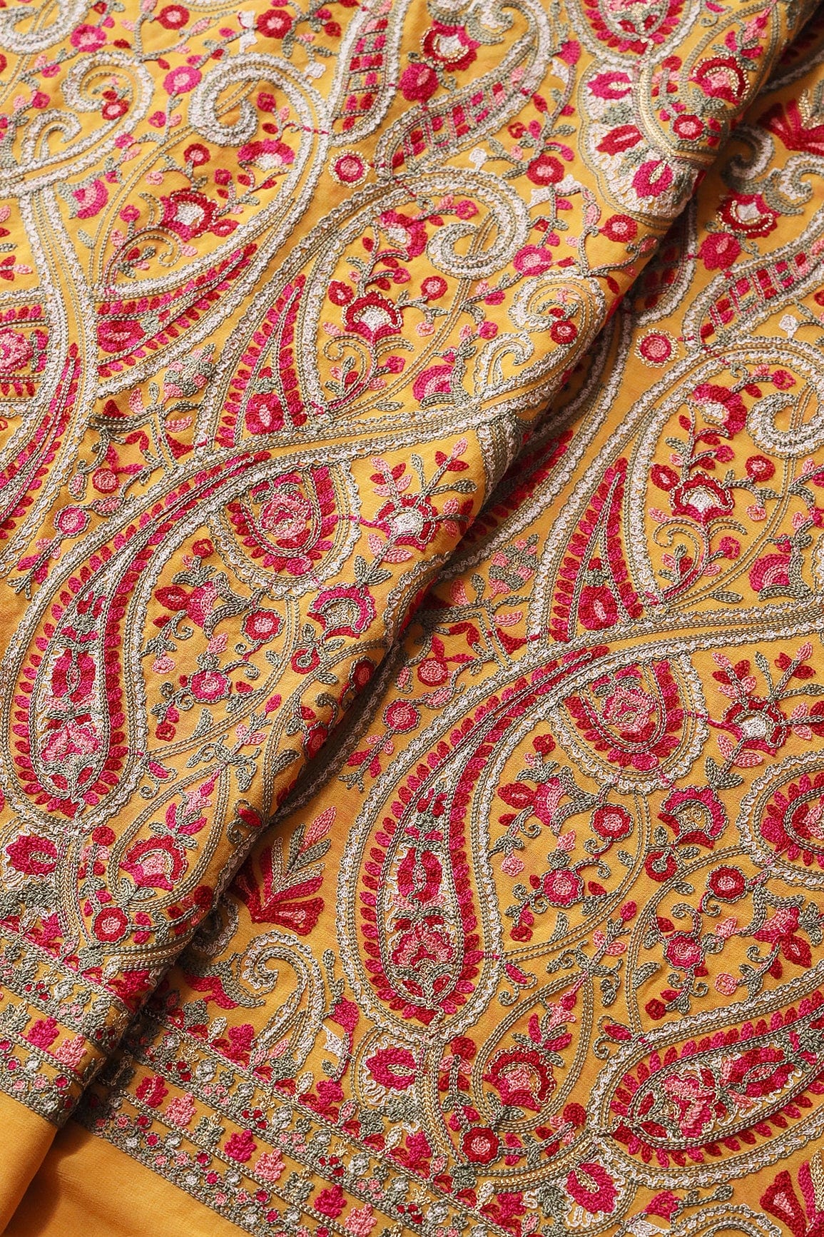 doeraa Embroidery Fabrics Multi Thread With Zari Paisley Embroidery On Yellow Viscose Georgette Fabric