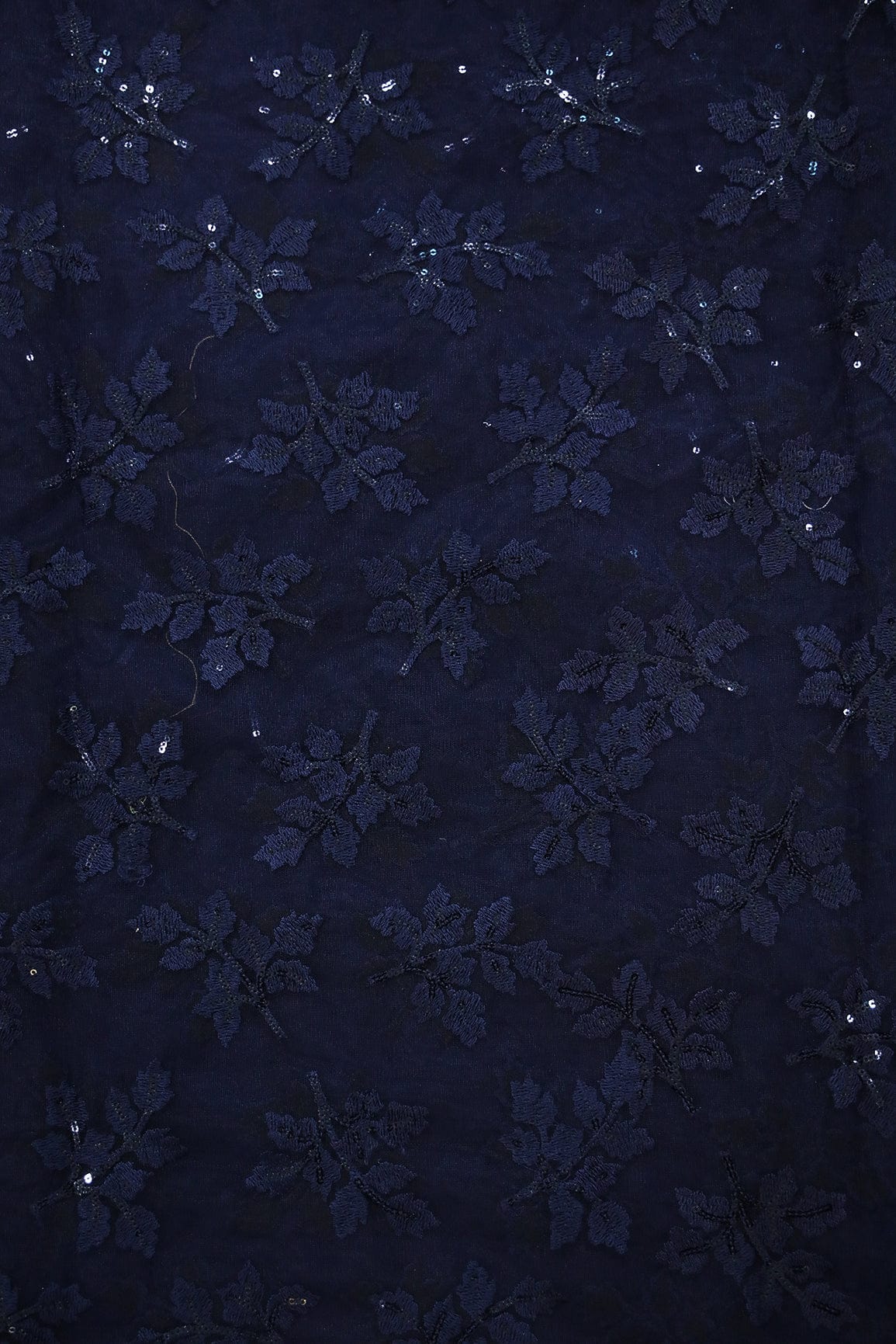 doeraa Embroidery Fabrics Navy Blue Thread With Sequins Leafy Embroidery Work On Navy Blue Soft Net Fabric