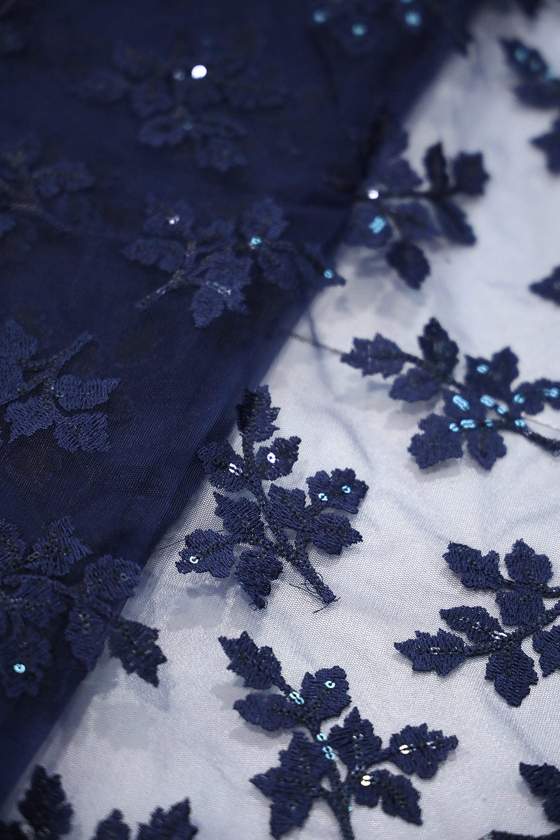 doeraa Embroidery Fabrics Navy Blue Thread With Sequins Leafy Embroidery Work On Navy Blue Soft Net Fabric