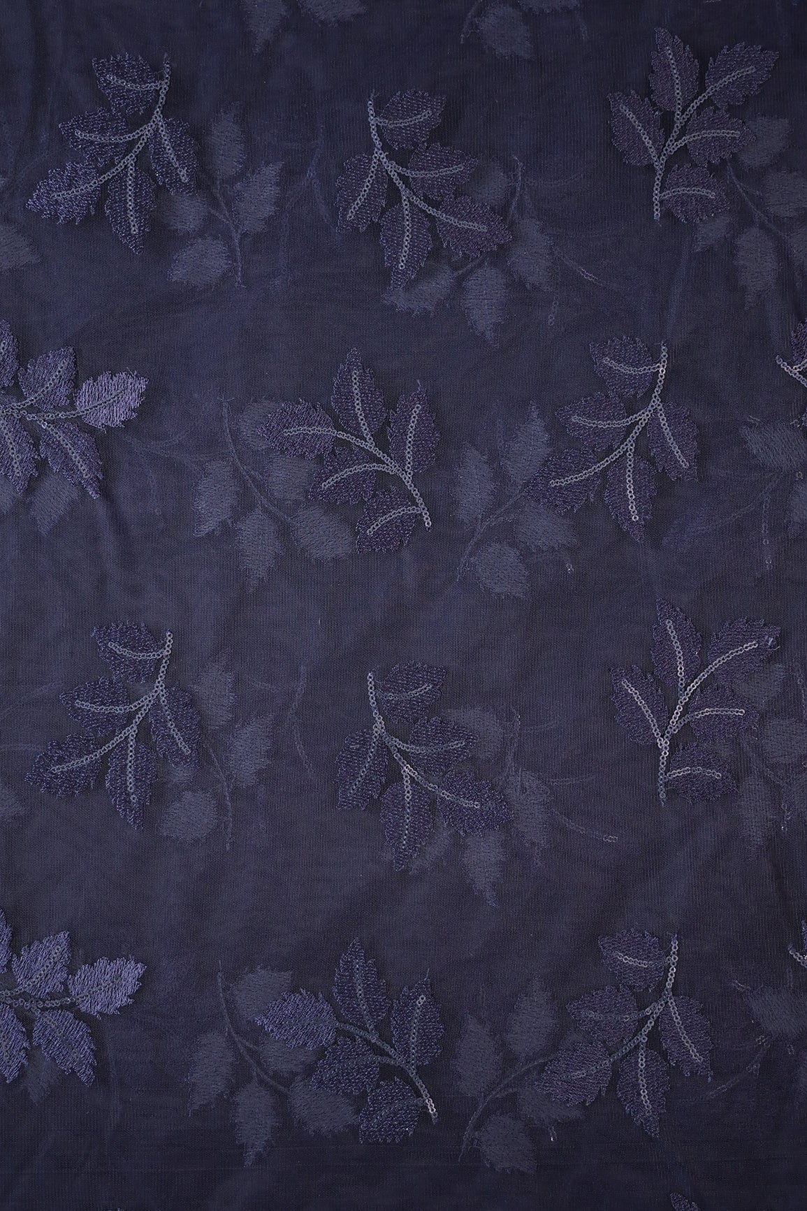 doeraa Embroidery Fabrics Navy Blue Thread With Sequins Leafy Embroidery Work On Navy Blue Soft Net Fabric